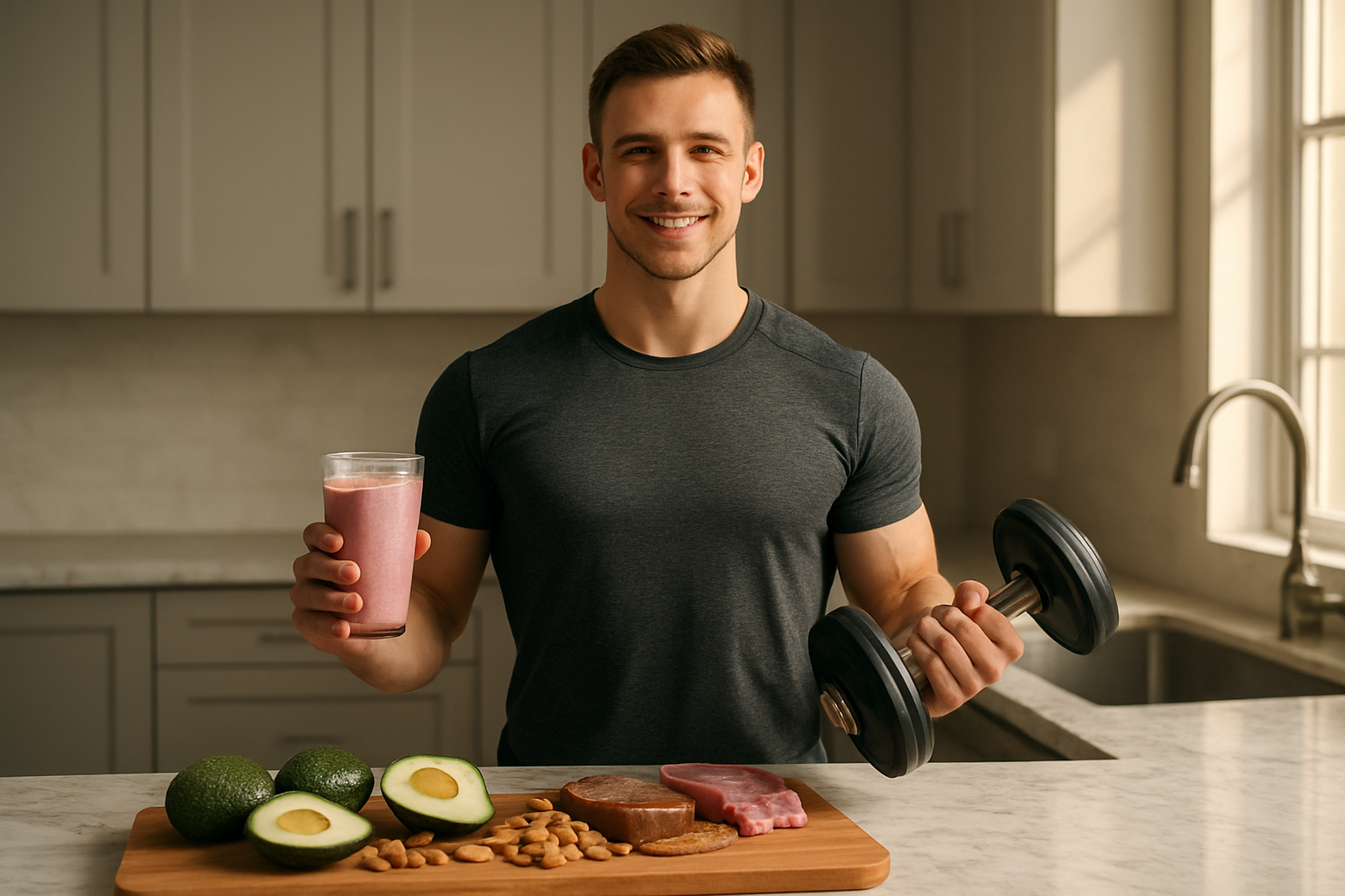 Create a realistic image of a fit white male in his twenties standing confidently in a modern kitchen, holding a protein smoothie in one hand and a dumbbell in the other, with a wooden cutting board displaying healthy calorie-dense foods like nuts, avocados, whole grain bread, and lean meats visible on the marble countertop behind him, natural sunlight streaming through a large window creating a warm and motivational atmosphere, the scene conveying achievement and healthy lifestyle transformation, absolutely NO text should be in the scene.