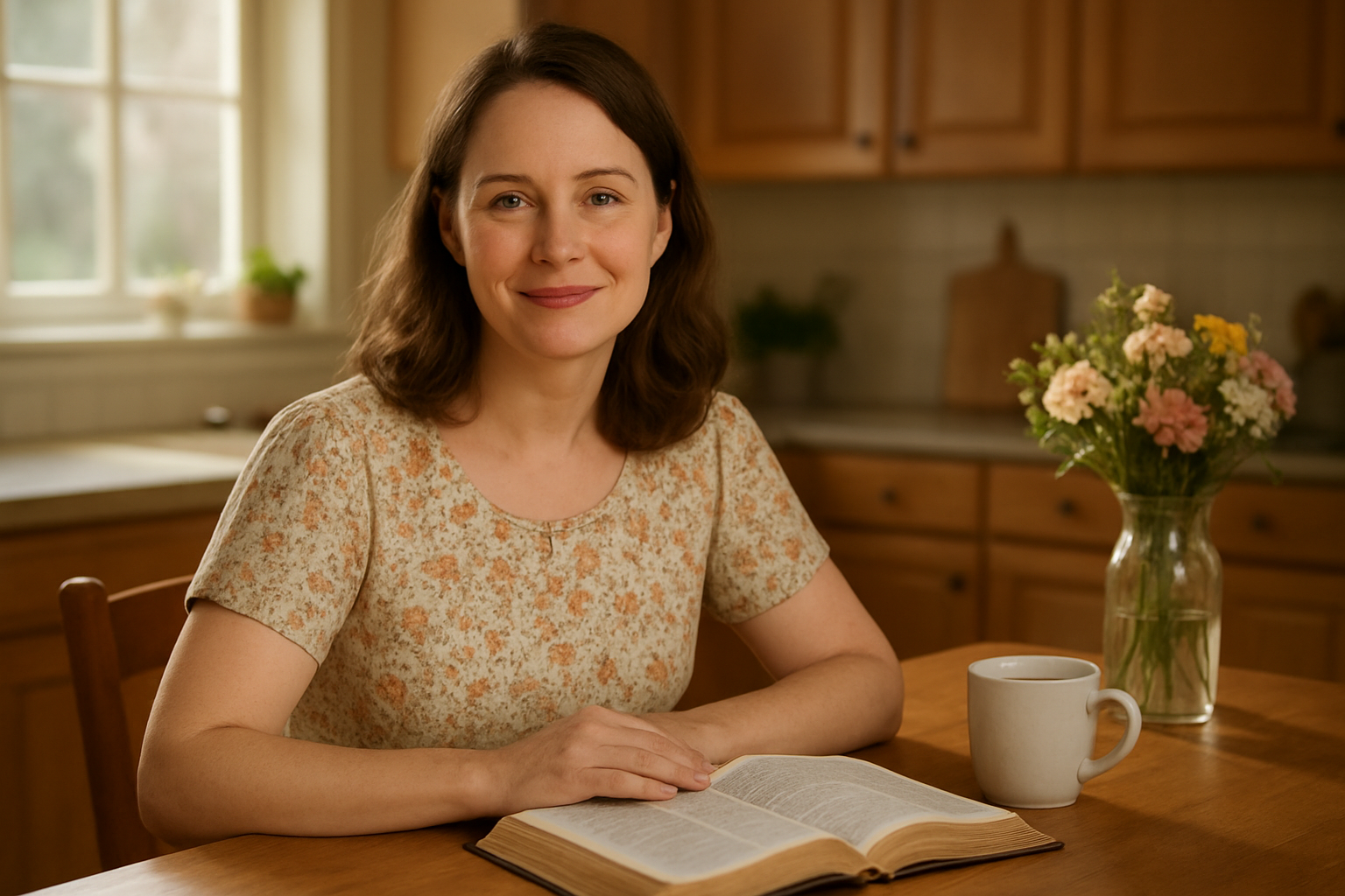 Create a realistic image of a white female in her 30s with a warm, gentle smile sitting at a wooden kitchen table with an open Bible in front of her, soft morning sunlight streaming through a window behind her, wearing a modest floral dress, with a cozy home kitchen background featuring fresh flowers in a vase and a cup of tea nearby, conveying a peaceful and devoted atmosphere of faith and domesticity, absolutely NO text should be in the scene.