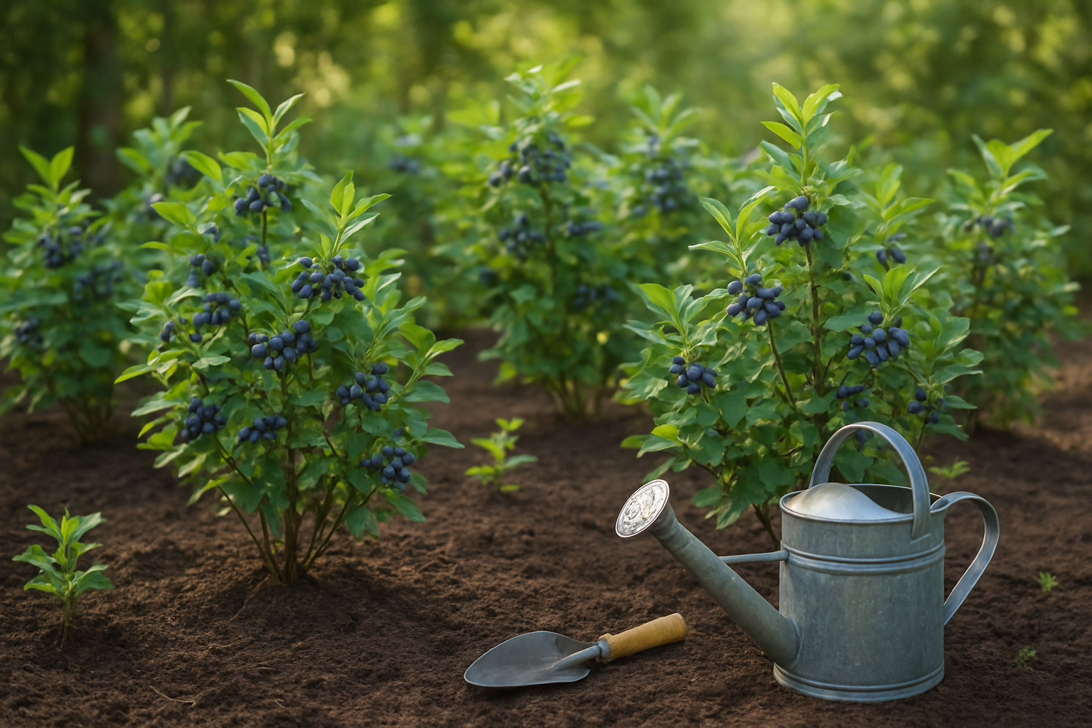 Create a realistic image of a thriving huckleberry garden with multiple healthy huckleberry plants at various growth stages, showing lush green foliage and clusters of dark purple-blue huckleberries hanging from branches, planted in rich dark soil with proper spacing between plants, surrounded by a natural outdoor setting with dappled sunlight filtering through trees in the background, gardening tools like a watering can and small shovel placed nearby on the ground, capturing the essence of successful home cultivation in a peaceful backyard or garden environment, absolutely NO text should be in the scene.