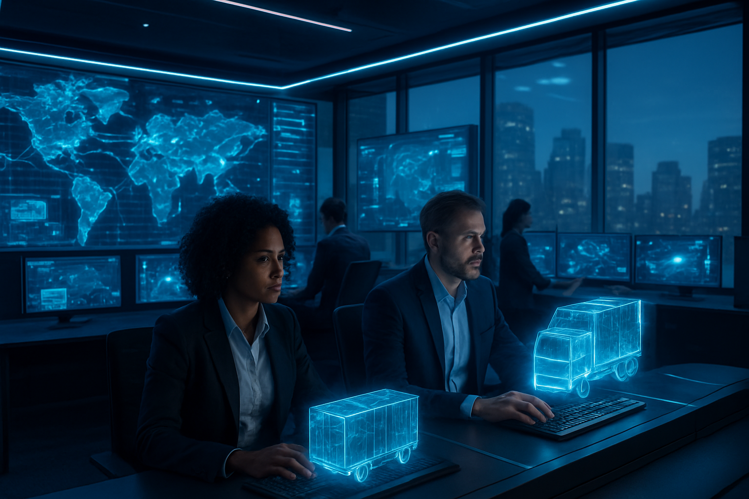 Create a realistic image of a futuristic command center with multiple interconnected digital displays showing global supply chain networks, warehouse facilities, and transportation routes with glowing AI neural network overlays, featuring a diverse team of professionals including a black female data analyst and white male logistics manager monitoring real-time supply chain data, with holographic projections of shipping containers and delivery trucks floating above sleek control panels, set in a modern glass-walled office with city skyline visible in the background, dramatic blue and white LED lighting creating a high-tech atmosphere, conveying innovation and reliability in supply chain management, absolutely NO text should be in the scene.