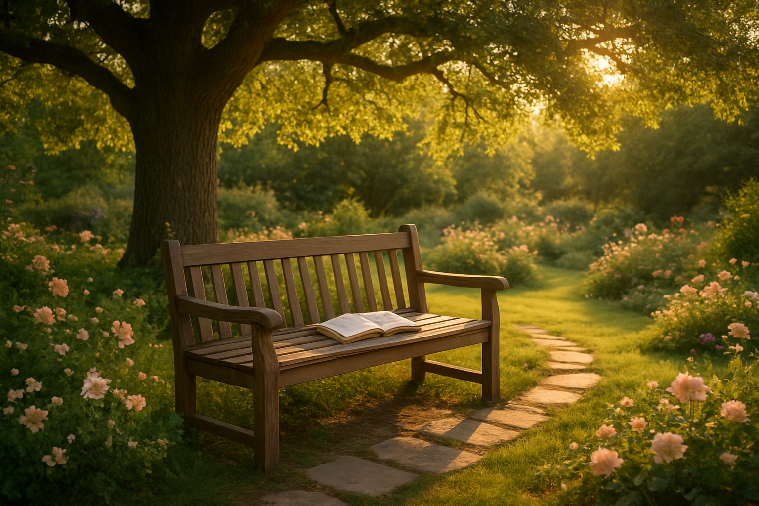 Create a realistic image of a peaceful outdoor garden setting with a wooden bench positioned under a large oak tree, soft golden sunlight filtering through the leaves creating gentle shadows on the ground, a small stone pathway leading to the bench, blooming flowers in soft pastel colors scattered around the garden, an open Bible resting on the bench with reading glasses beside it, a sense of tranquility and contemplation in the atmosphere, warm natural lighting suggesting early morning or late afternoon, absolutely NO text should be in the scene.