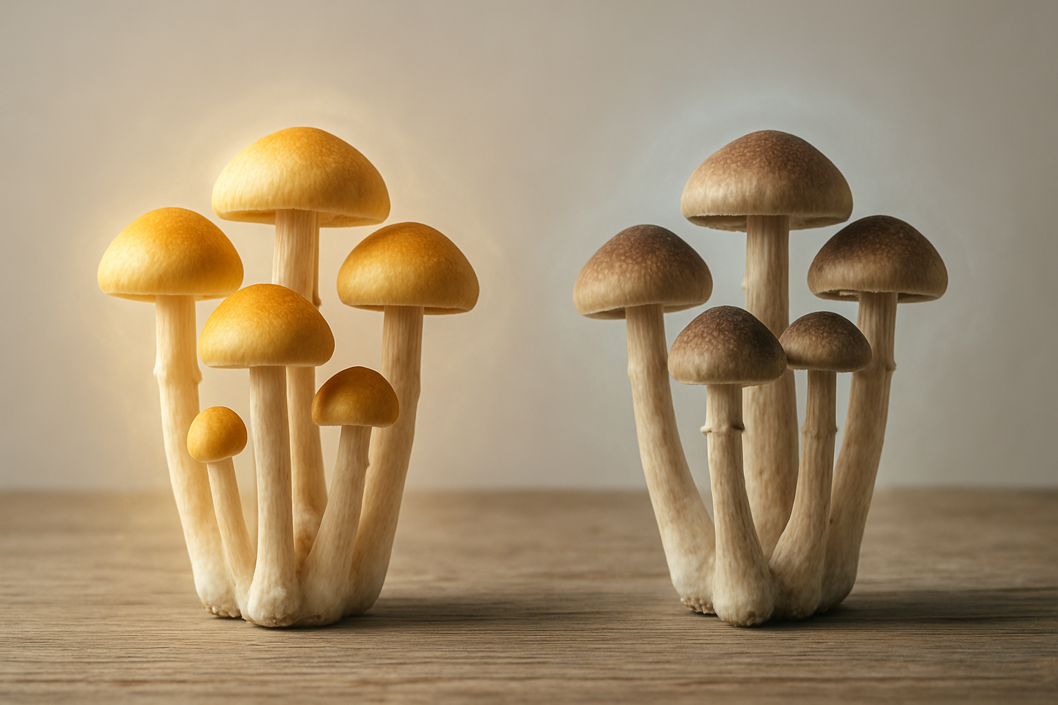 Create A Realistic Image Of Two Distinct Mushroom Varieties Side By Side On A Wooden Surface, One Group Showing Golden-Colored Caps (Golden Teacher Strain) And Another Showing Darker, More Earthy-Toned Caps (Mazatapec Strain), With Subtle Ethereal Light Effects Or Gentle Glowing Auras Around Each Group To Represent Their Psychoactive Properties, Soft Natural Lighting From Above, Clean Minimalist Background With Neutral Tones, Scientific Comparison Mood, Absolutely No Text Should Be In The Scene.