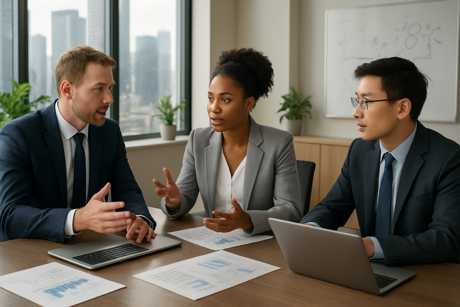 Create a realistic image of a diverse group of business professionals including a white male, black female, and Asian male sitting around a modern conference table in a bright, contemporary office setting, with laptops open and documents spread across the table, large windows showing city skyline in background, warm natural lighting, the professionals are engaged in an animated discussion with focused expressions, whiteboard visible in background with scientific diagrams, potted plants adding life to the space, professional business attire, collaborative and determined atmosphere suggesting strategic planning and innovative thinking, absolutely NO text should be in the scene.