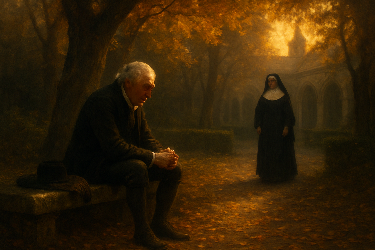 Create a realistic image of a 17th century French convent garden at dusk with dramatic golden lighting filtering through autumn trees, featuring an elderly white male poet with a large nose sitting on a stone bench under a tree, wearing period clothing with a feathered hat beside him, while a white female nun in traditional habit approaches from a distance, the scene conveying a sense of anticipation and melancholy with fallen leaves scattered on the ground and soft shadows creating an atmosphere of impending revelation, absolutely NO text should be in the scene.