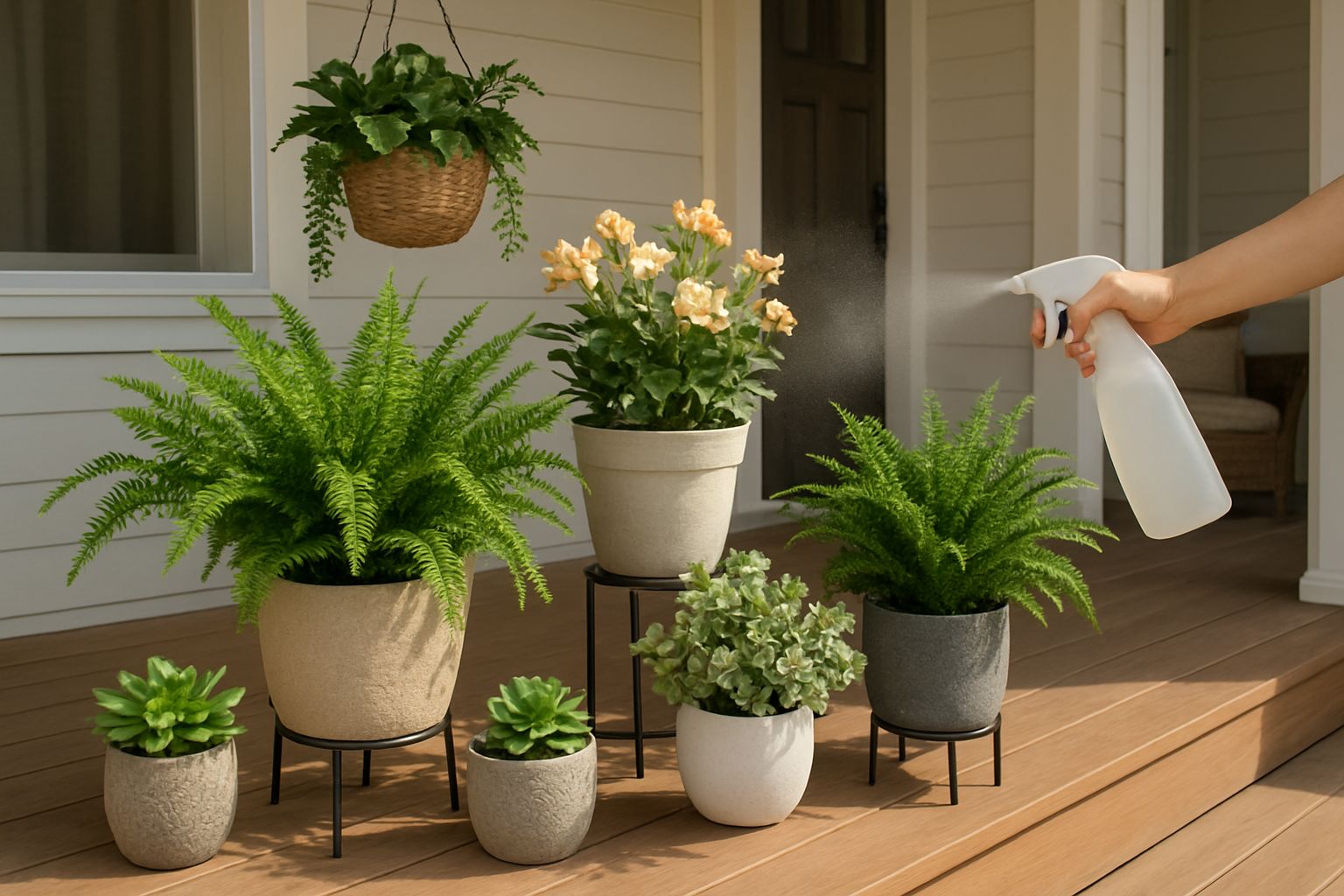 Create a realistic image of a stylish front porch featuring an arrangement of high-quality artificial plants displayed in decorative planters, with someone's hands gently misting the faux foliage with a spray bottle to simulate natural plant care, showing various types of realistic-looking fake greenery including ferns, succulents, and flowering plants positioned at different heights using plant stands and hanging baskets, with natural lighting creating authentic shadows and depth, set against a welcoming home entrance with wooden decking and outdoor furniture in the background. Absolutely NO text should be in the scene.