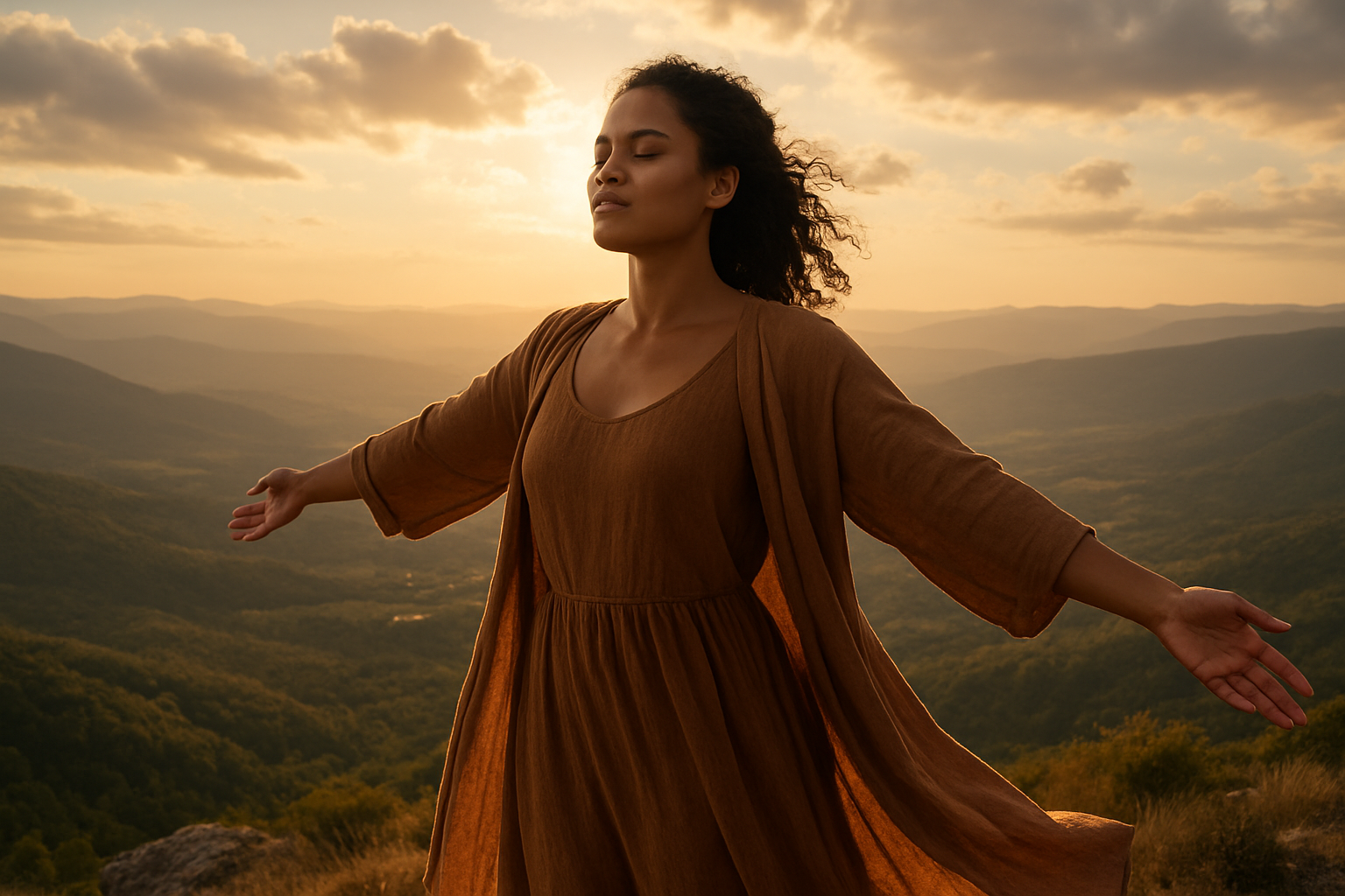 Create a realistic image of a confident woman with medium skin tone standing on a peaceful mountaintop at golden hour, arms gently outstretched toward the horizon, wearing flowing earth-tone clothing that moves softly in the breeze, with a serene valley landscape stretching below filled with warm sunlight filtering through scattered clouds, conveying a sense of inner strength, self-acceptance, and authentic freedom, with soft golden lighting creating a warm and empowering atmosphere. Absolutely NO text should be in the scene.