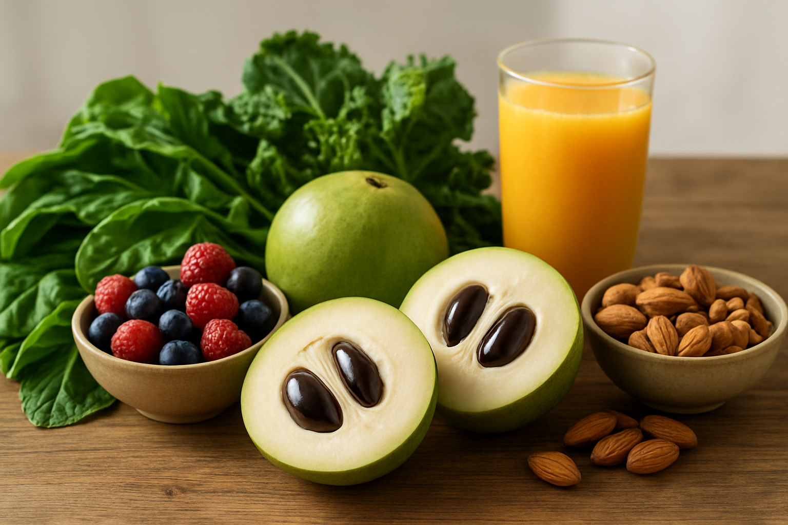 Create a realistic image of fresh Casimiroa fruits (white sapote) cut in half showing the creamy white flesh and dark seeds, arranged alongside vibrant green leafy vegetables, colorful antioxidant-rich berries, nuts, and a glass of fresh juice, all beautifully displayed on a wooden table with natural daylight streaming in, creating a healthy and nutritious composition that emphasizes wellness and natural health benefits, with a clean bright background and warm inviting lighting, absolutely NO text should be in the scene.