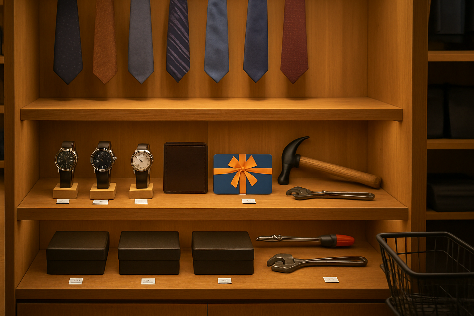 Create a realistic image of a modern retail store display showcasing Father's Day gift items including neckties, watches, wallets, tools, and gift cards arranged on wooden shelves, with price tags visible, shopping baskets in the foreground, and warm ambient lighting creating a welcoming commercial atmosphere, absolutely NO text should be in the scene.