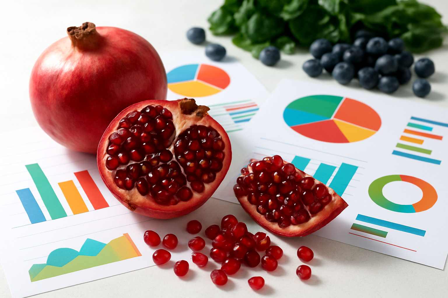Create a realistic image of fresh pomegranates and pomegranate arils artfully arranged on a clean white surface alongside colorful charts and infographics showing nutritional data, with scattered antioxidant-rich foods like blueberries and dark leafy greens in the background, bright natural lighting illuminating the vibrant red seeds and creating a healthy, scientific atmosphere that emphasizes wellness and nutrition, absolutely NO text should be in the scene.