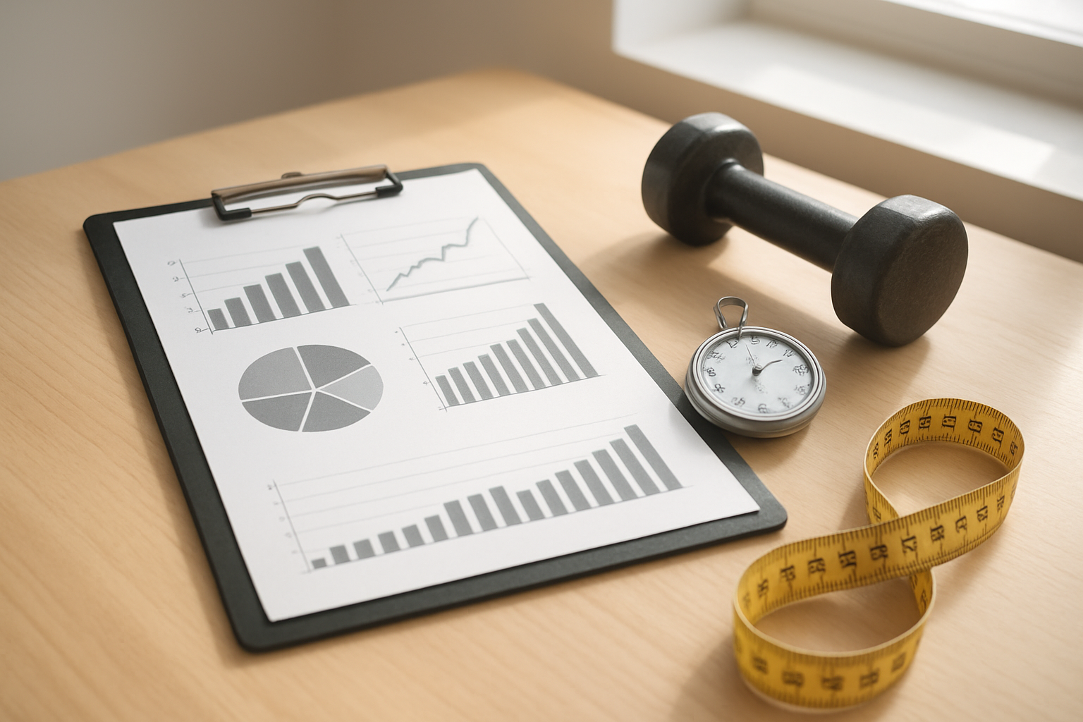 Create a realistic image of a fitness tracking board or clipboard with performance metrics charts, graphs showing strength progression over time, a stopwatch, measuring tape, and dumbbells arranged on a clean wooden desk surface, with soft natural lighting from a window creating a motivational and organized atmosphere, absolutely NO text should be in the scene.