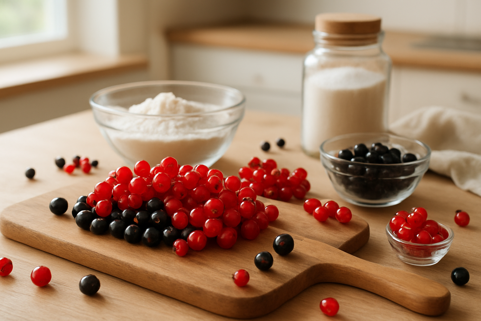 Create a realistic image of fresh red and black currants arranged on a wooden cutting board in a bright kitchen setting, with some currants scattered around small glass bowls, a wooden spoon, and baking ingredients like flour and sugar visible in the background, soft natural lighting from a window, warm and inviting cooking atmosphere, absolutely NO text should be in the scene.