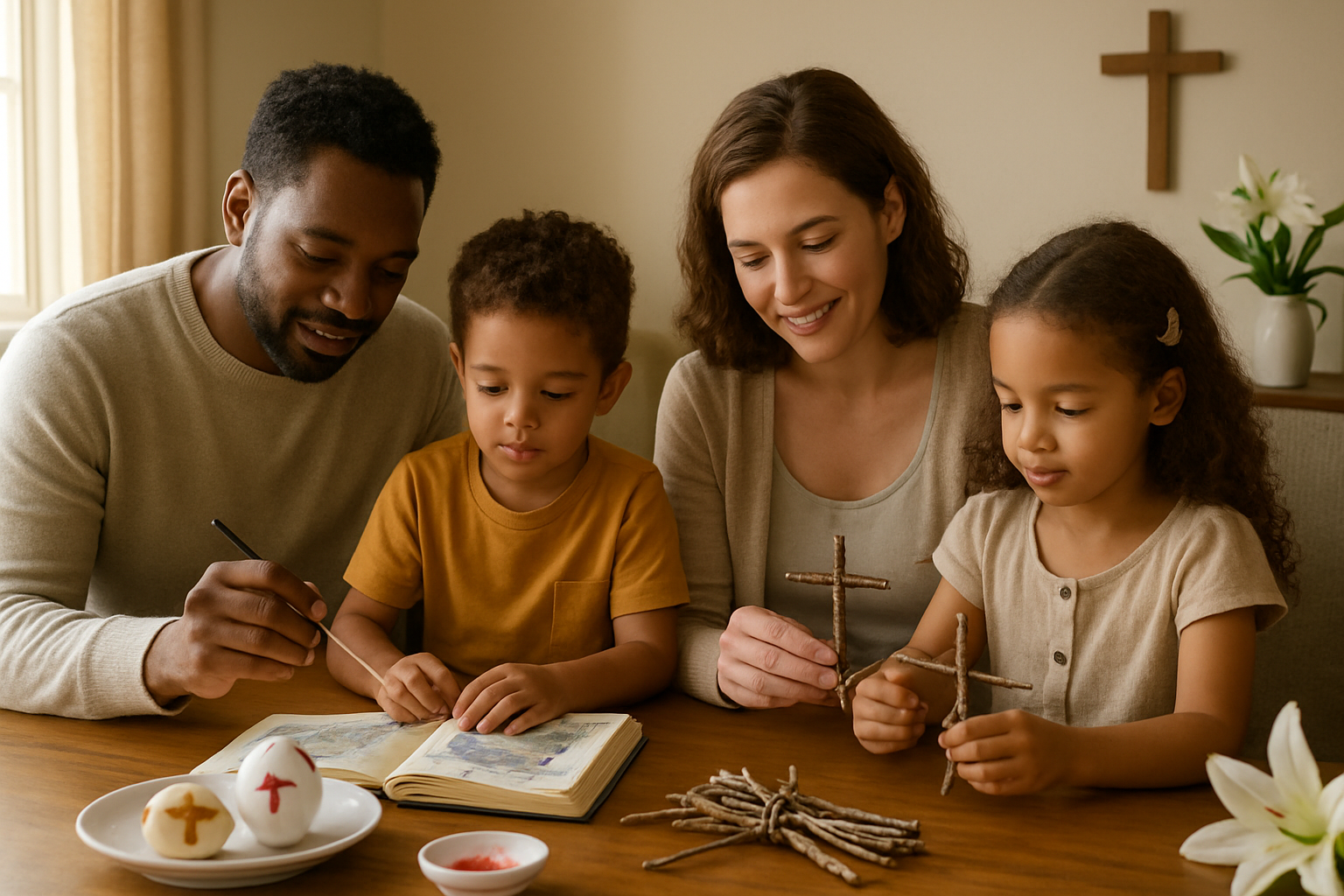 Create a realistic image of a diverse family with white and black parents and children of mixed heritage sitting together around a wooden table, engaged in meaningful Easter activities including painting eggs with Christian symbols, reading from a children's Bible, and crafting simple crosses from natural materials, with soft natural sunlight streaming through a window illuminating the warm, cozy living room scene, creating a peaceful and educational atmosphere that emphasizes learning and spiritual growth rather than commercial Easter elements, with Easter lilies and simple religious decorations visible in the background, capturing a moment of connection and understanding between generations as they explore the deeper meaning of Easter together, absolutely NO text should be in the scene.