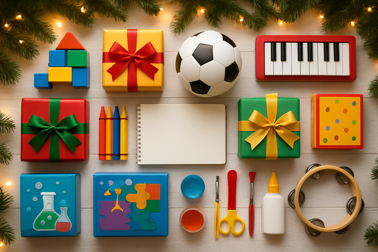 Create a realistic image of a colorful array of gender-neutral Christmas gifts arranged on a white wooden surface, including building blocks, art supplies with crayons and sketchbooks, a soccer ball, board games, puzzles, musical instruments like a keyboard and tambourine, science experiment kits, and craft supplies, with warm Christmas lighting creating a cozy holiday atmosphere in the background featuring soft bokeh lights and evergreen branches, shot from above in flat lay style. Absolutely NO text should be in the scene.