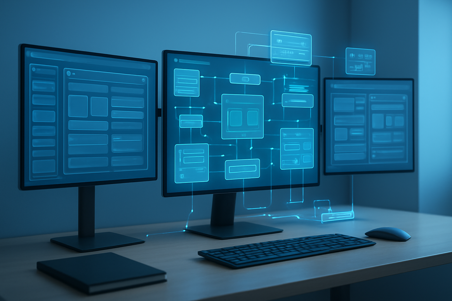 Create a realistic image of a sleek modern workspace showing multiple connected screens displaying various user interface frameworks and application architectures, with floating holographic-style UI panels showcasing different adaptive interface components, interconnected nodes representing framework capabilities, and glowing data streams flowing between modular interface elements, all set in a clean tech environment with soft blue ambient lighting and a minimalist aesthetic. Absolutely NO text should be in the scene.