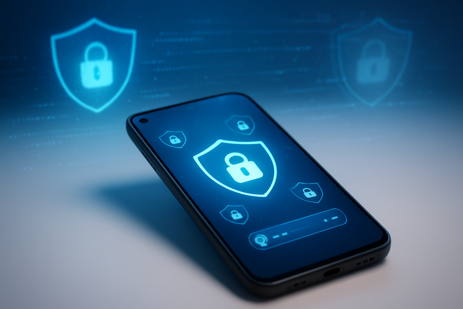 Create a realistic image of a modern smartphone (resembling Google Pixel design) displaying a security dashboard interface with shield icons, lock symbols, and privacy indicators on the screen, placed on a clean white desk surface with soft blue ambient lighting creating a secure and tech-forward atmosphere, surrounded by subtle digital security elements like floating holographic shield graphics and encrypted data streams in the background, shot with professional lighting that emphasizes the device's sleek design and conveys trust and protection. Absolutely NO text should be in the scene.