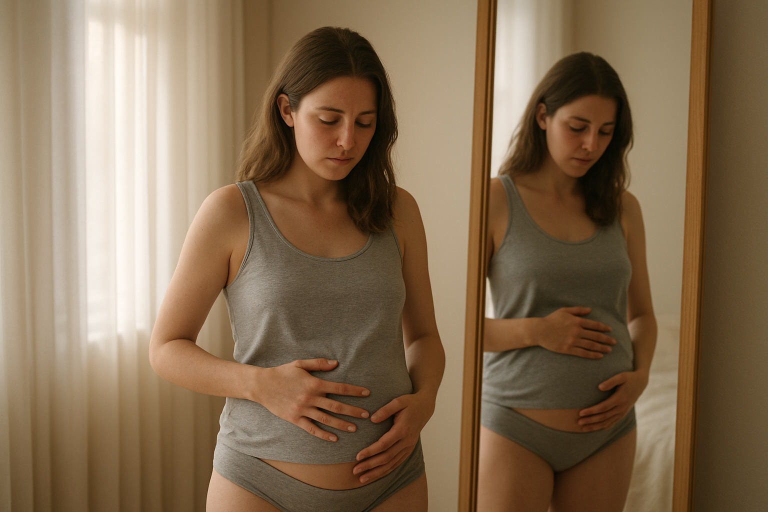 Create a realistic image of a young white woman in her late twenties standing in front of a full-length mirror in a softly lit bedroom, gently touching her postpartum abdomen with both hands in a moment of self-reflection, wearing comfortable gray cotton underwear and a loose-fitting tank top, with warm natural morning light streaming through sheer curtains creating a peaceful and intimate atmosphere, the mirror showing her contemplative expression as she reconnects with her changed body, with a peaceful and accepting mood, absolutely NO text should be in the scene.