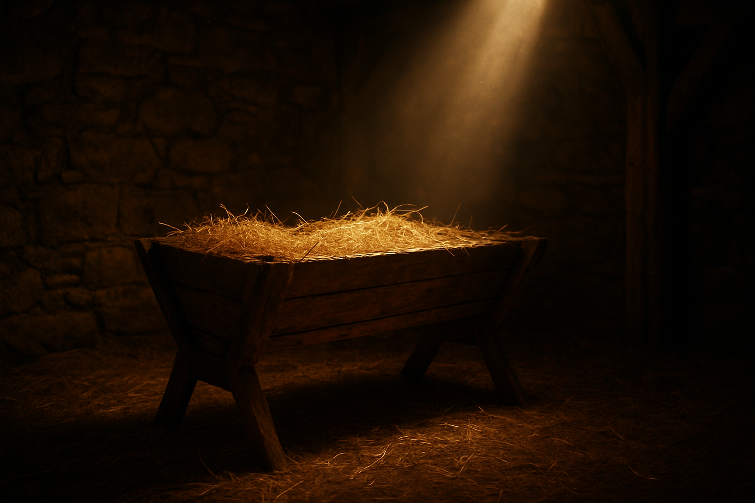 Create a realistic image of an ancient wooden manger filled with fresh hay in a dimly lit stable, with a soft divine light emanating from above and gently illuminating the empty feeding trough, surrounded by rustic stone walls and wooden beams, with an atmosphere of sacred anticipation and spiritual significance, featuring warm golden and amber lighting that creates a sense of holy reverence and prophecy about to be fulfilled. Absolutely NO text should be in the scene.