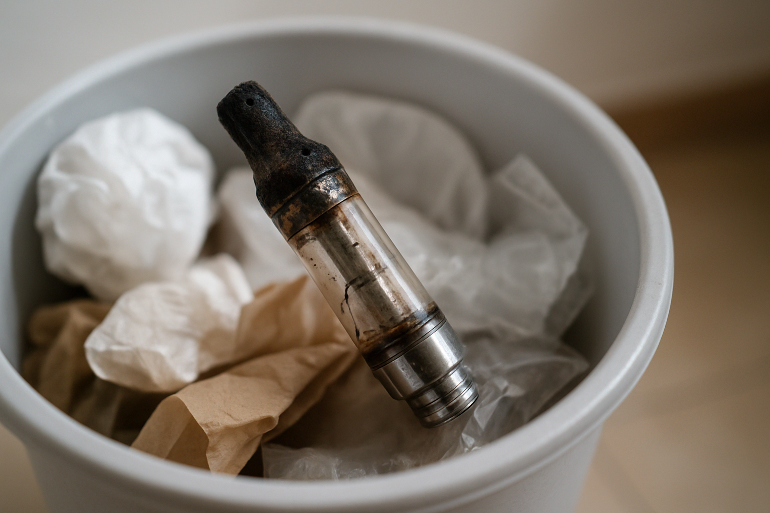 Create a realistic image of a worn-out, damaged vape cartridge lying in a trash bin or disposal container, with visible signs of being burnt or heavily used, dark residue around the mouthpiece, cracked plastic casing, and empty oil chamber, surrounded by other discarded items in a clean indoor setting with soft natural lighting, conveying the concept of knowing when to dispose of unusable vaping equipment, absolutely NO text should be in the scene.