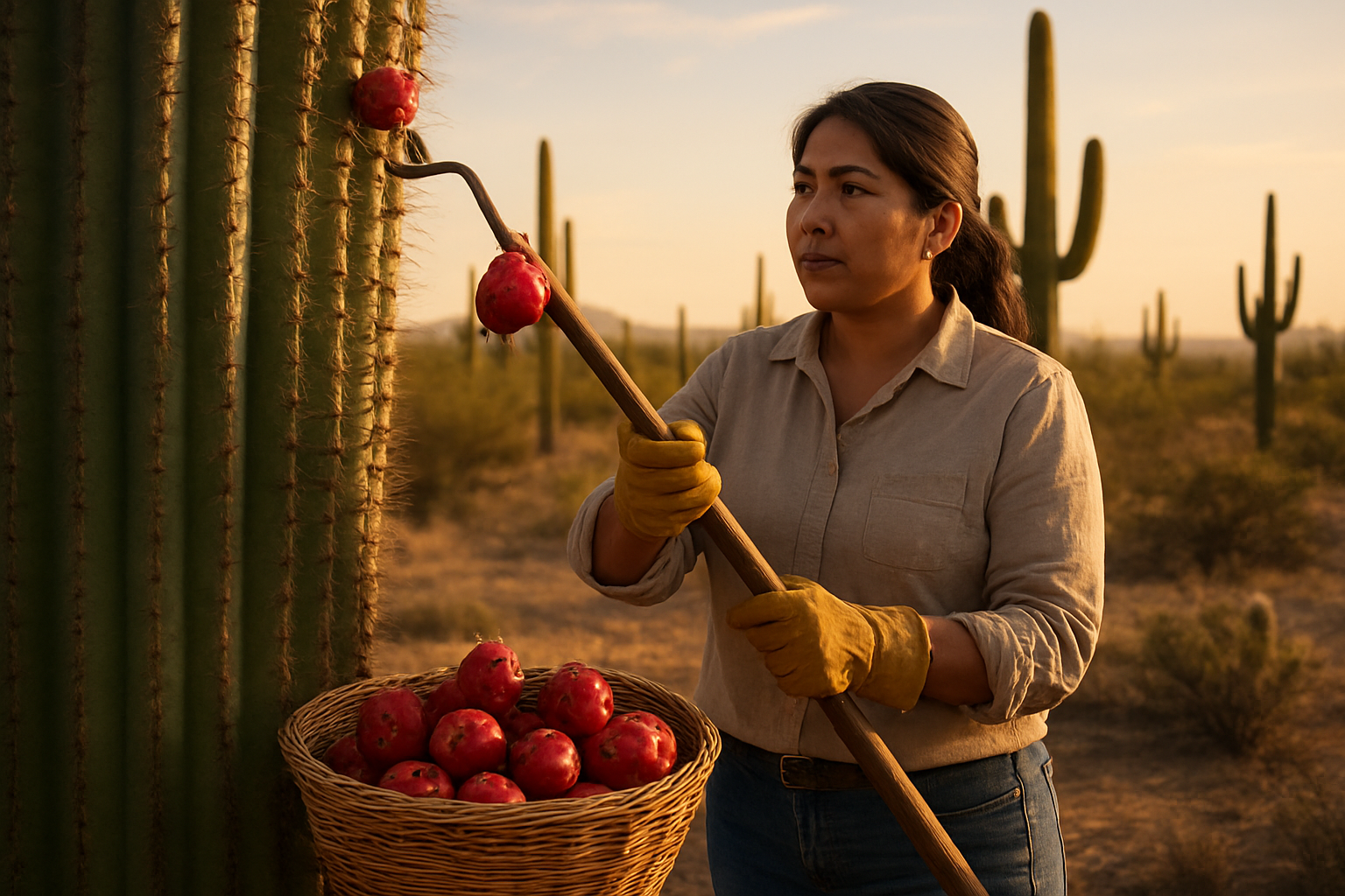 Create a realistic image of a Hispanic female forager wearing protective gloves and using a long wooden pole with a hook to safely harvest bright red saguaro fruits from a tall saguaro cactus, with freshly picked ruby-red fruits in a woven basket beside her, set against a golden hour desert landscape with other saguaro cacti in the background, warm natural lighting casting gentle shadows, conveying a sense of traditional knowledge and respectful harvesting practices, absolutely NO text should be in the scene.