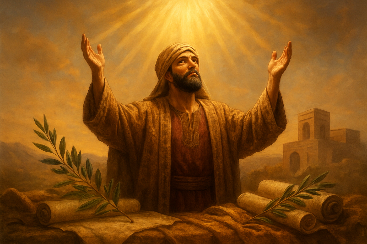 Create a realistic image of an ancient Middle Eastern scene showing divine blessing emanating from above as golden rays of light descending upon a Middle Eastern male figure in traditional Persian-era robes, with his hands raised upward in reverence, surrounded by symbols of prosperity including scrolls, olive branches, and flowing fabrics, set against a warm sunset backdrop with ancient architecture in the distance, conveying a sense of spiritual favor and divine protection, absolutely NO text should be in the scene.