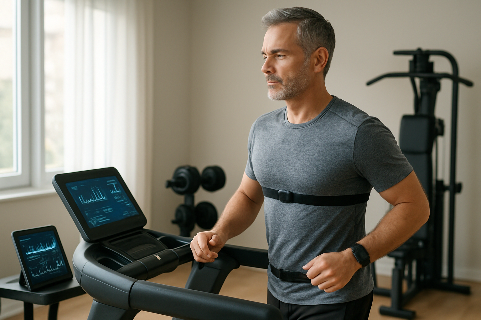 Create a realistic image of a middle-aged white male using advanced fitness technology in a modern home gym setting, wearing a smartwatch and heart rate monitor chest strap while exercising on a high-tech treadmill with digital displays, surrounded by sleek fitness equipment including smart weights and a tablet showing health analytics, with soft natural lighting from large windows creating a clean and motivational atmosphere, emphasizing the integration of digital health monitoring devices with physical exercise equipment. Absolutely NO text should be in the scene.