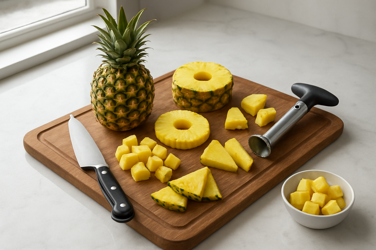 Create a realistic image of a wooden cutting board with a fresh whole pineapple and several prepared pineapple pieces showing different cutting techniques, including rings, chunks, and wedges, alongside sharp kitchen knives, a pineapple corer, and small bowls containing diced pineapple, set on a clean marble kitchen counter with soft natural lighting from a nearby window, showcasing various stages of pineapple preparation for cooking, absolutely NO text should be in the scene.