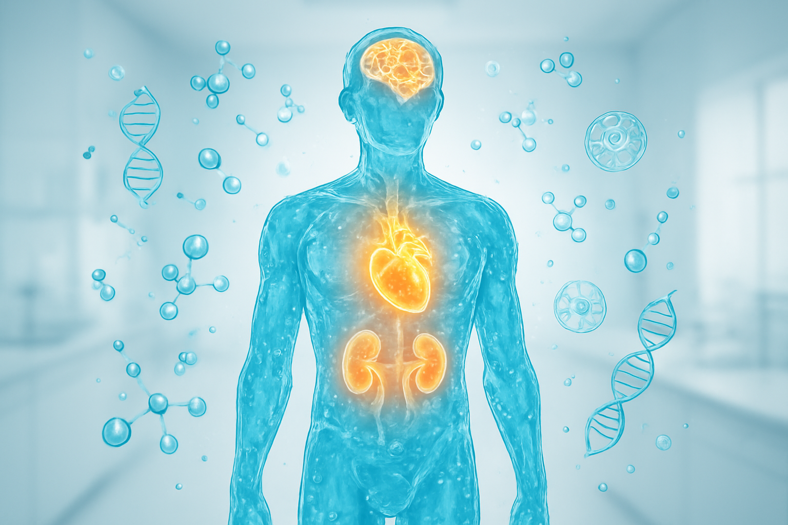 Create a realistic image of a vibrant, healthy human body silhouette made of translucent blue water with various organs (heart, brain, kidneys) glowing softly in warm golden light, surrounded by floating water molecules and scientific icons like DNA helixes and cellular structures, set against a clean white laboratory background with soft, bright lighting that emphasizes the connection between hydration and bodily health, absolutely NO text should be in the scene.