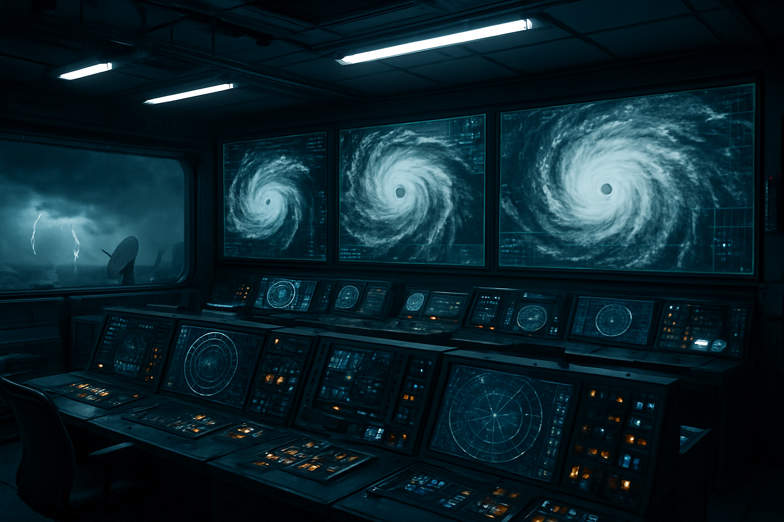 Create a realistic image of a high-tech military command center with large digital screens displaying swirling hurricane formations and weather data overlays, sophisticated radar equipment and control panels with glowing buttons and monitors, a massive storm system visible through reinforced windows in the background with dark ominous clouds and lightning, sterile fluorescent lighting casting blue-white illumination across metallic surfaces, satellite dishes and communication arrays visible outside, creating a tense atmospheric mood suggesting advanced meteorological warfare capabilities, Absolutely NO text should be in the scene.