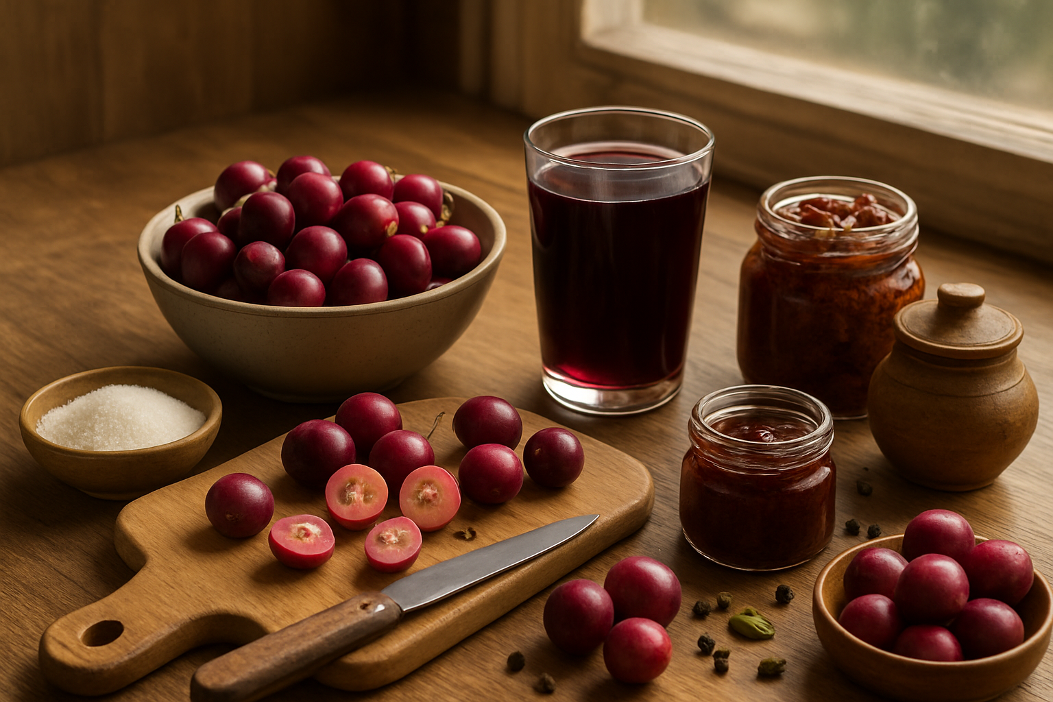 Create a realistic image of a wooden kitchen counter displaying multiple ways to enjoy karonda fruit including fresh whole karonda berries in a ceramic bowl, a glass of dark purple karonda juice, homemade karonda jam in a small jar, karonda pickle in a traditional container, and fresh karonda fruits being prepared on a cutting board with a knife, surrounded by ingredients like sugar and spices, with natural daylight streaming from a window creating warm lighting, absolutely NO text should be in the scene.