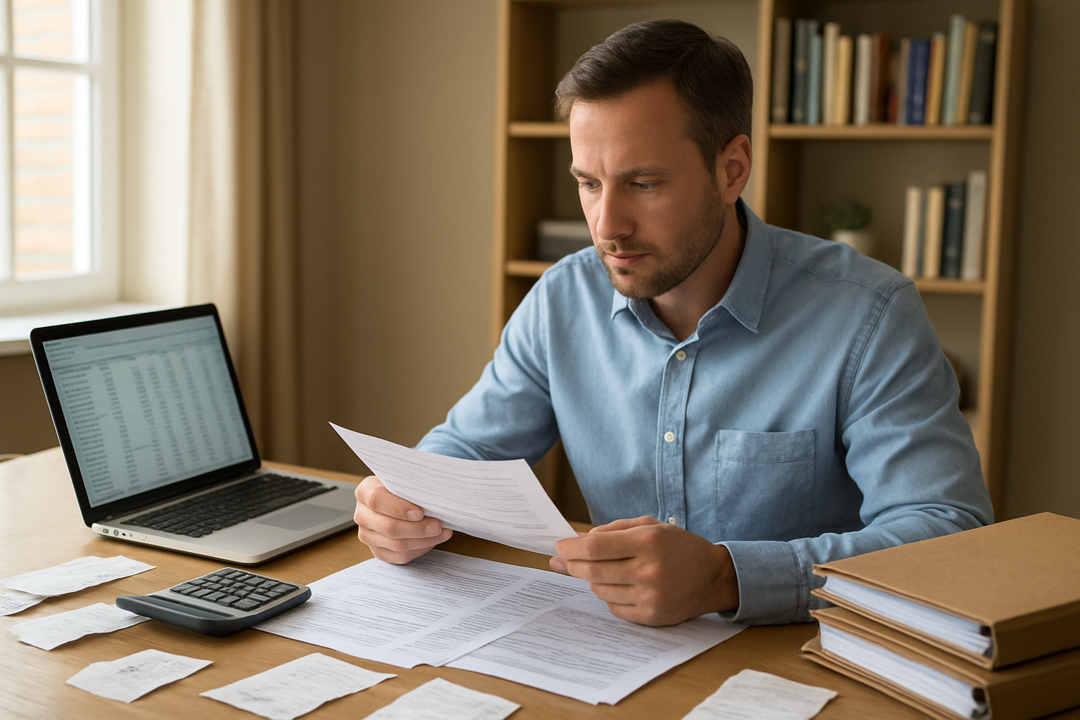 Create a realistic image of a professional white male rental investor in his 40s sitting at a modern wooden desk reviewing tax documents and financial papers, with a laptop computer open showing spreadsheets, calculator nearby, organized folders labeled for property expenses, a coffee cup, and scattered receipts on the desk surface, set in a well-lit home office with warm natural lighting from a window, bookshelves with financial guides in the background, conveying a focused and organized atmosphere of year-end tax planning and financial optimization, absolutely NO text should be in the scene.