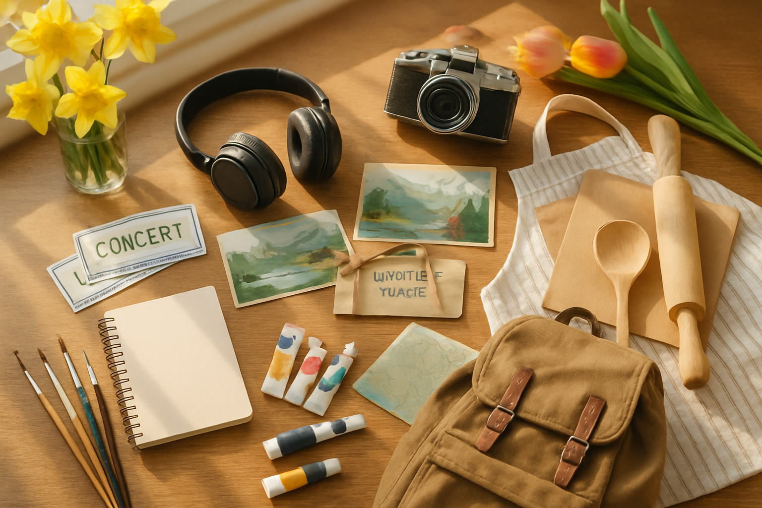 Create a realistic image of a collage-style composition showing various experiential gifts for teenagers including concert tickets, adventure activity vouchers, cooking class materials, and travel accessories arranged on a wooden table, with soft natural lighting from a window creating warm shadows, featuring items like headphones, a camera, art supplies, and outdoor gear that suggest memorable experiences rather than material possessions, with spring flowers like tulips or daffodils as decorative elements to hint at the Easter theme, captured in bright daylight with a clean and inspiring atmosphere that conveys excitement and adventure. Absolutely NO text should be in the scene.