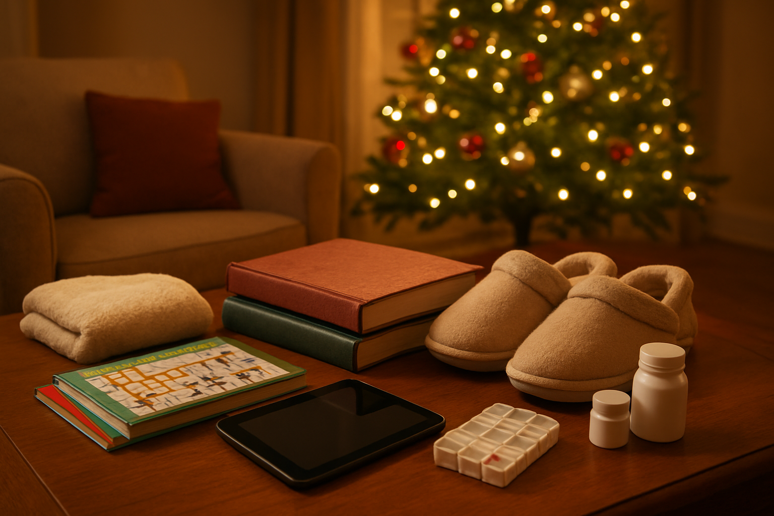 Create a realistic image of a warmly lit living room during Christmas time with a diverse collection of elderly-focused gifts thoughtfully arranged on a wooden coffee table and surrounding area, including a soft blanket, tablet device, puzzle books, comfortable slippers, photo albums, and wellness items like pill organizers, with a decorated Christmas tree glowing softly in the background, warm golden lighting creating a cozy and caring atmosphere, absolutely NO text should be in the scene.