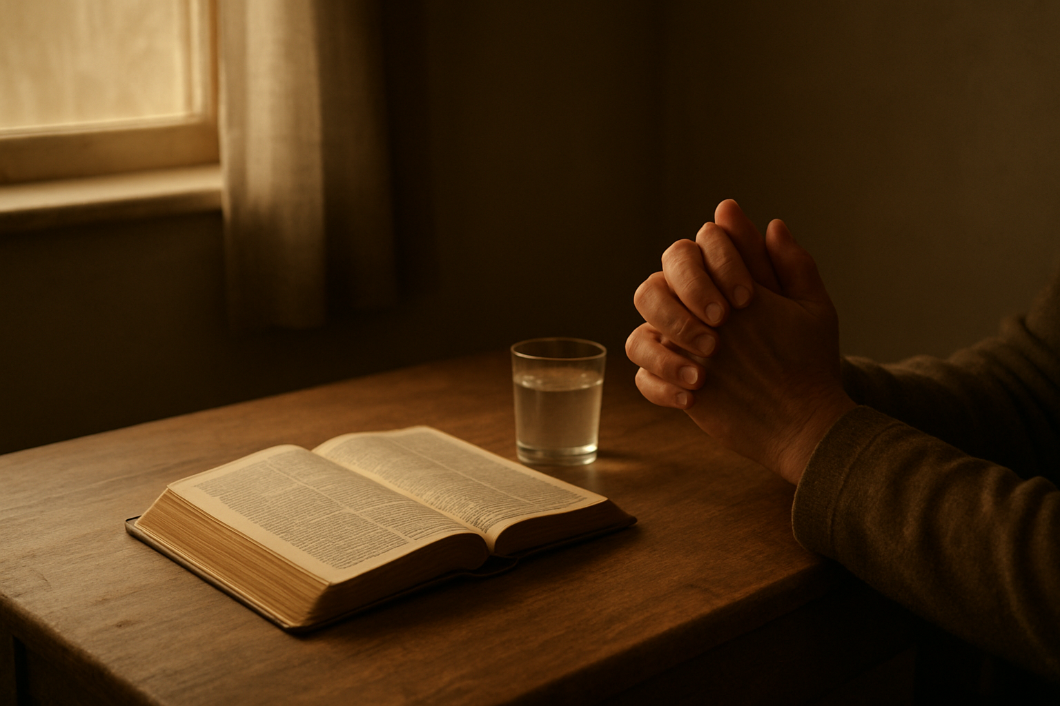 Create a realistic image of a peaceful indoor prayer space with a wooden table containing an open Bible, folded hands in prayer position, and a simple glass of water representing fasting, soft warm lighting from a nearby window creating gentle shadows, serene and contemplative atmosphere with muted earth tones, absolutely NO text should be in the scene.