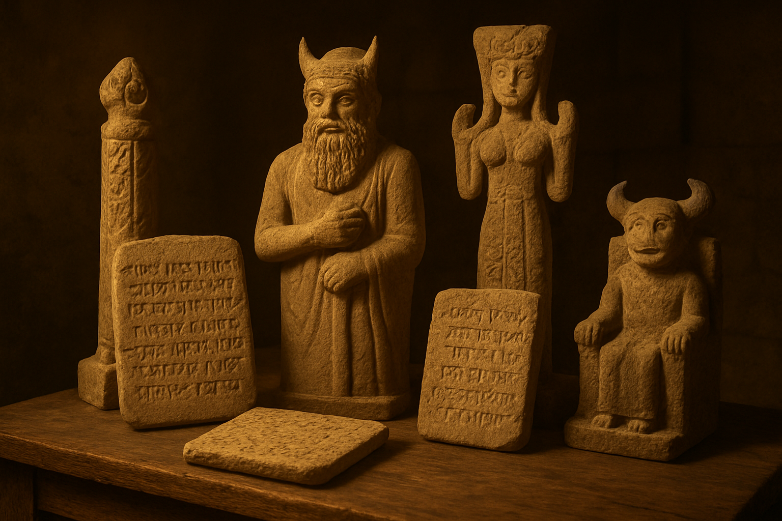 Create a realistic image of ancient stone tablets or scrolls with Hebrew script alongside carved stone idols and statues representing ancient Middle Eastern deities, including Baal, Asherah poles, and Molech figurines, arranged on a wooden table in a dimly lit archaeological study room with warm amber lighting casting shadows, creating a scholarly atmosphere that contrasts biblical texts with pagan religious artifacts, absolutely NO text should be in the scene.