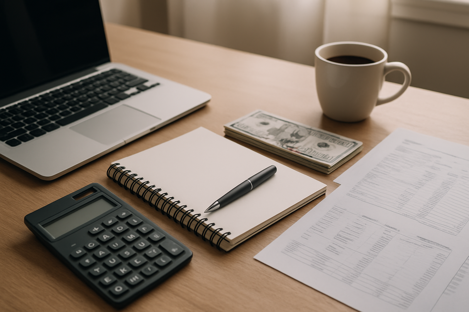 Create a realistic image of a organized desk workspace with essential budgeting preparation materials including a calculator, blank notebook, pen, laptop computer, stack of bills and financial documents, bank statements scattered neatly, and a coffee mug, all arranged on a clean wooden desk surface with soft natural lighting from a window, creating a focused and productive atmosphere for financial planning, absolutely NO text should be in the scene.