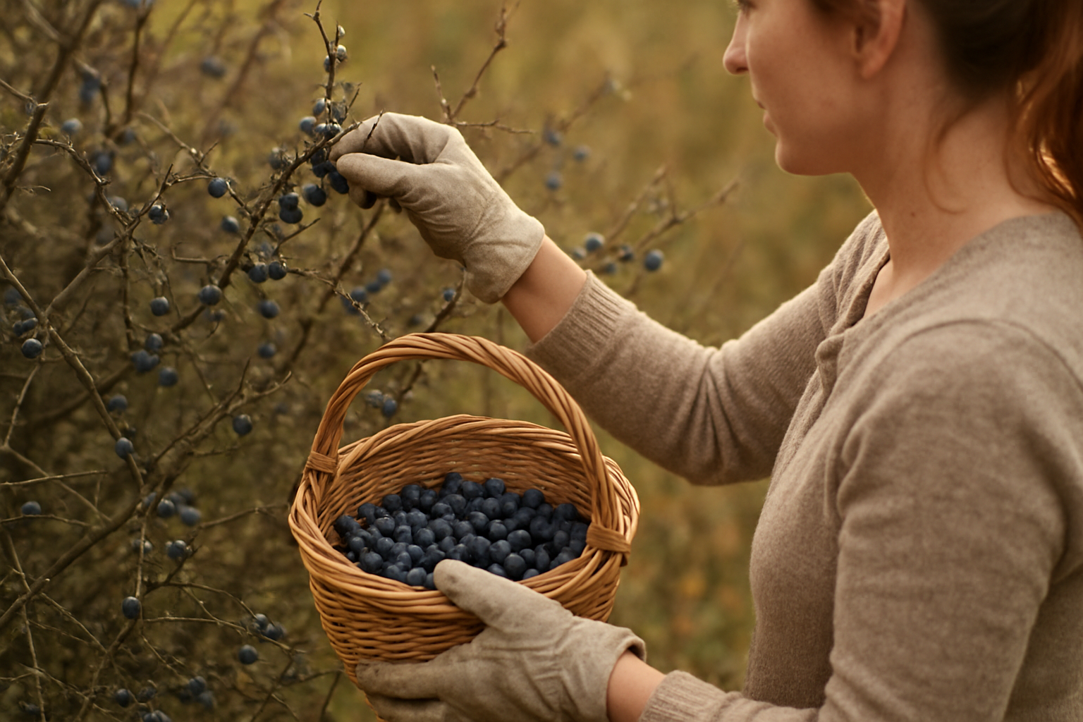 Create a realistic image of a white female person wearing protective gloves carefully picking dark purple blackthorn berries from thorny branches, holding a wicker basket partially filled with the small round berries, surrounded by blackthorn bushes with their characteristic sharp thorns, set in a natural outdoor environment with soft autumn lighting filtering through the foliage, showing the careful harvesting technique needed to avoid the dangerous thorns, absolutely NO text should be in the scene.