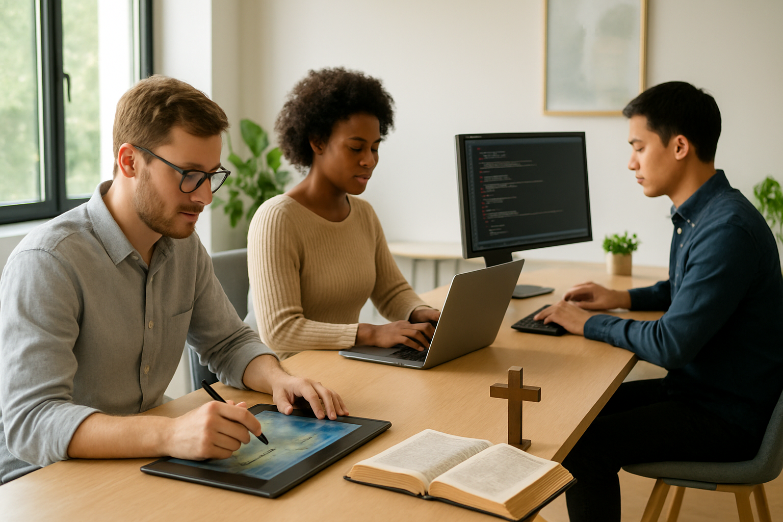 Create a realistic image of a diverse group of professionals working on laptops and tablets in a modern, bright workspace with a white male graphic designer creating digital artwork, a black female writer typing on her laptop, and an Asian male web developer coding on his computer, with Christian symbols subtly placed in the background like a small wooden cross on a desk and an open Bible nearby, warm natural lighting streaming through large windows, plants and motivational elements creating an inspiring atmosphere, professional yet faith-centered environment with modern office furniture and clean aesthetic, absolutely NO text should be in the scene.