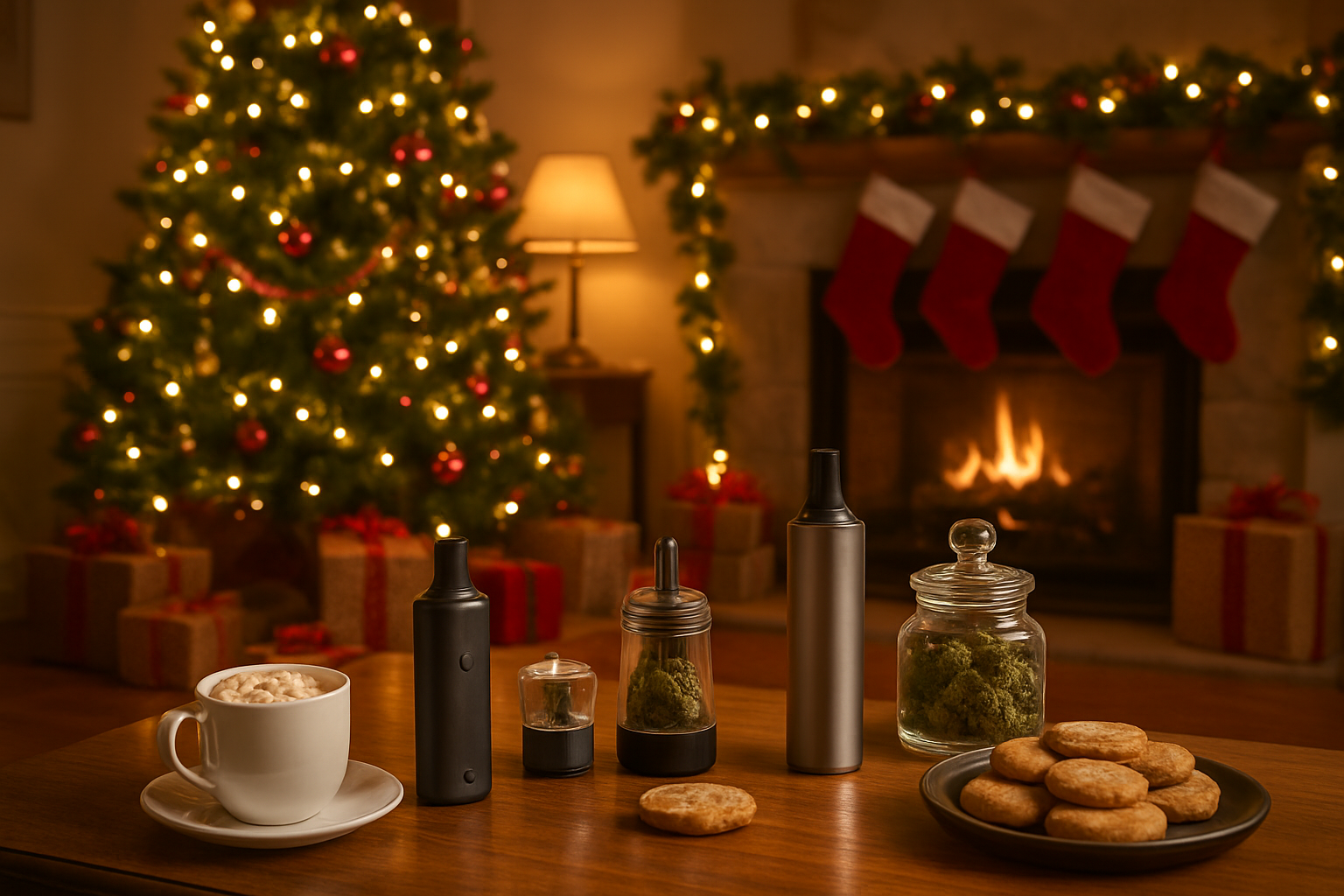 Create a realistic image of a festive holiday living room scene with a decorated Christmas tree in the background, holiday garlands and warm string lights creating a cozy atmosphere, a coffee table displaying cannabis products like stylish vaporizers and elegant glass containers alongside traditional holiday treats like cookies and hot cocoa, wrapped presents under the tree, a fireplace with stockings hung nearby, warm golden lighting from lamps and the fireplace creating an inviting mood that shows the modern integration of cannabis culture with traditional holiday celebrations, absolutely NO text should be in the scene.