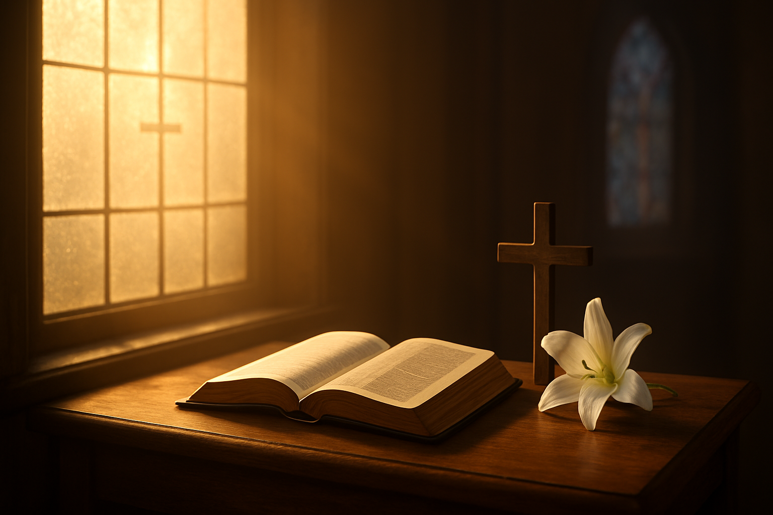 Create a realistic image of a peaceful sunrise scene with warm golden light streaming through a church window with subtle cross patterns, casting soft shadows on a wooden prayer bench where an open Bible rests beside a small wooden cross and a single white lily, with the background showing blurred stained glass windows in soft blues and purples, creating a serene and contemplative atmosphere that conveys spiritual preparation and renewal, absolutely NO text should be in the scene.