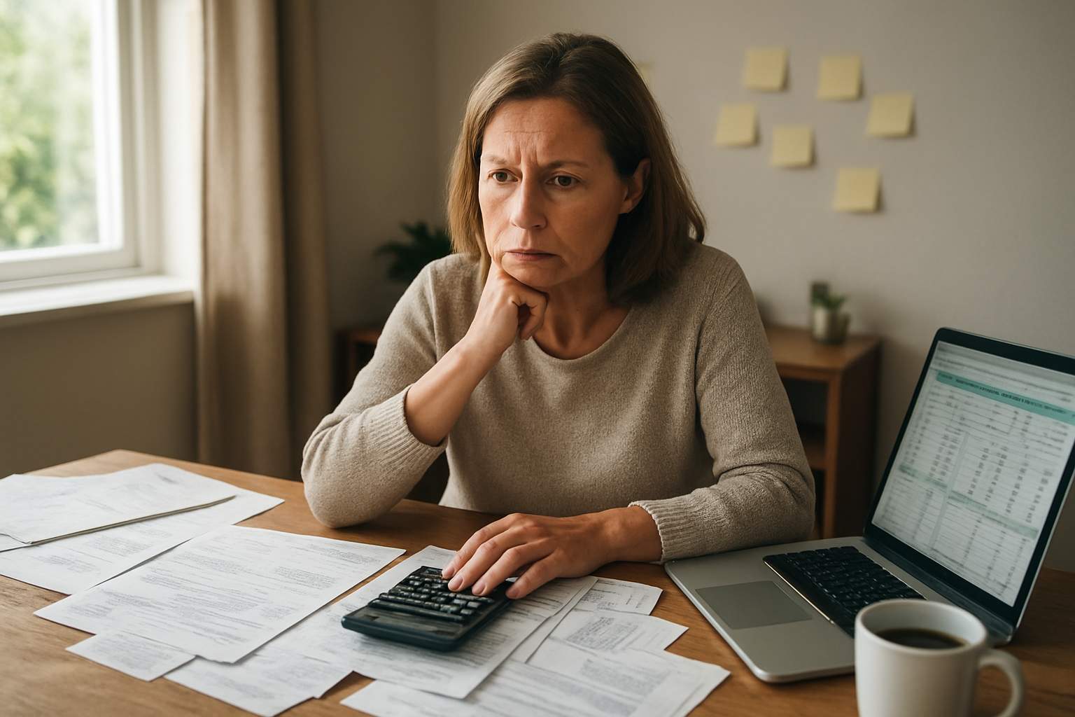 Create a realistic image of a middle-aged white female sitting at a wooden desk with a concerned but determined expression, surrounded by scattered financial documents, bills, and a calculator, with a laptop open showing budget spreadsheets, a coffee cup nearby, and sticky notes on the wall behind her, in a well-lit home office setting with natural lighting from a window, conveying the mood of facing financial challenges while actively working toward solutions, absolutely NO text should be in the scene.