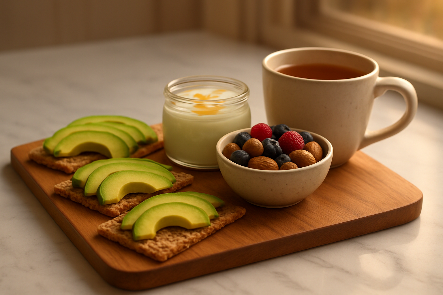 Create a realistic image of a beautifully arranged wooden cutting board with several healthy evening snacks including sliced avocado on whole grain crackers, a small bowl of mixed nuts and berries, Greek yogurt with honey drizzle in a glass jar, and herbal tea in an elegant ceramic mug, all positioned on a clean marble kitchen counter with soft warm evening lighting from a nearby window, creating a cozy and inviting atmosphere that suggests these are anti-aging nighttime foods, absolutely NO text should be in the scene.