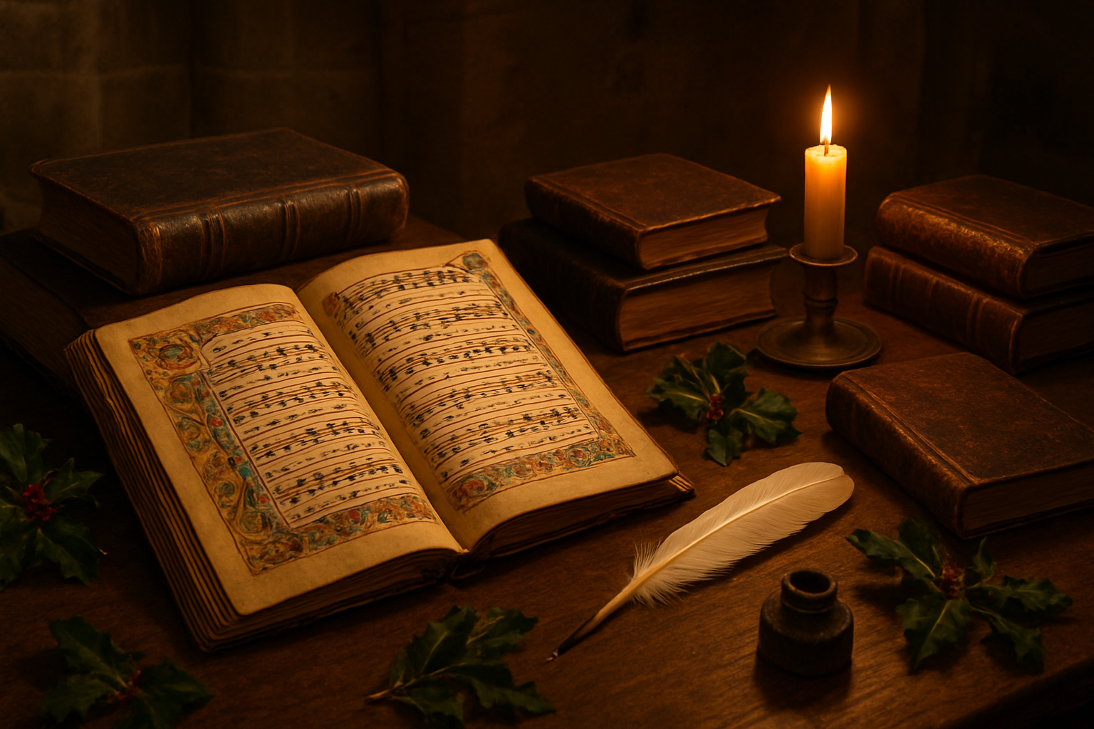 Create a realistic image of an ancient medieval manuscript open on a wooden table showing illuminated sheet music with ornate decorative borders, surrounded by vintage Christmas carol songbooks from different historical periods, old church hymnal books with worn leather covers, a quill pen and inkwell, flickering candlelight creating warm golden illumination, with holly leaves and winter greenery scattered around the books, set in a historic library or monastery setting with stone walls visible in the background, creating a scholarly and reverent atmosphere that conveys the deep historical tradition of Christmas carols. Absolutely NO text should be in the scene.