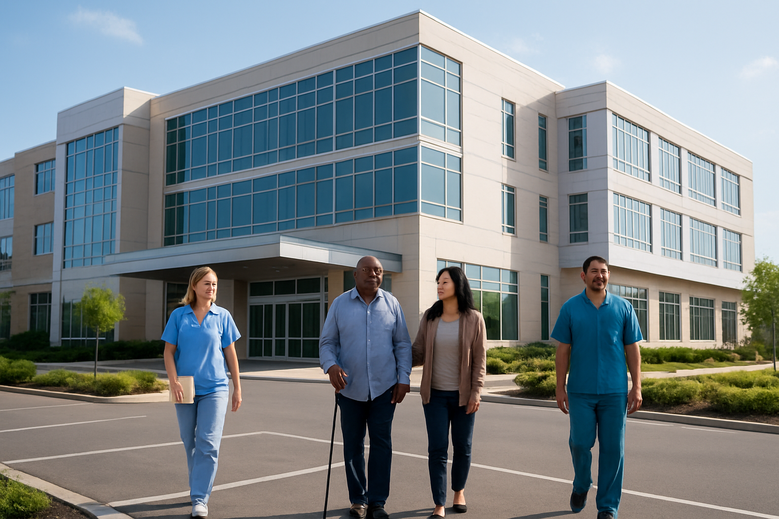Create a realistic image of a modern hospital building exterior with a clean, professional facade featuring large glass windows and contemporary architecture, with a peaceful parking area in the foreground where a diverse group of people including a white female doctor in scrubs carrying a medical chart, a black male patient walking with a cane accompanied by an Asian female family member, and a Hispanic male nurse in uniform are visible, set against a clear blue sky with soft natural lighting that conveys hope and trust, with well-maintained landscaping and clear directional signage visible but unreadable, absolutely NO text should be in the scene.