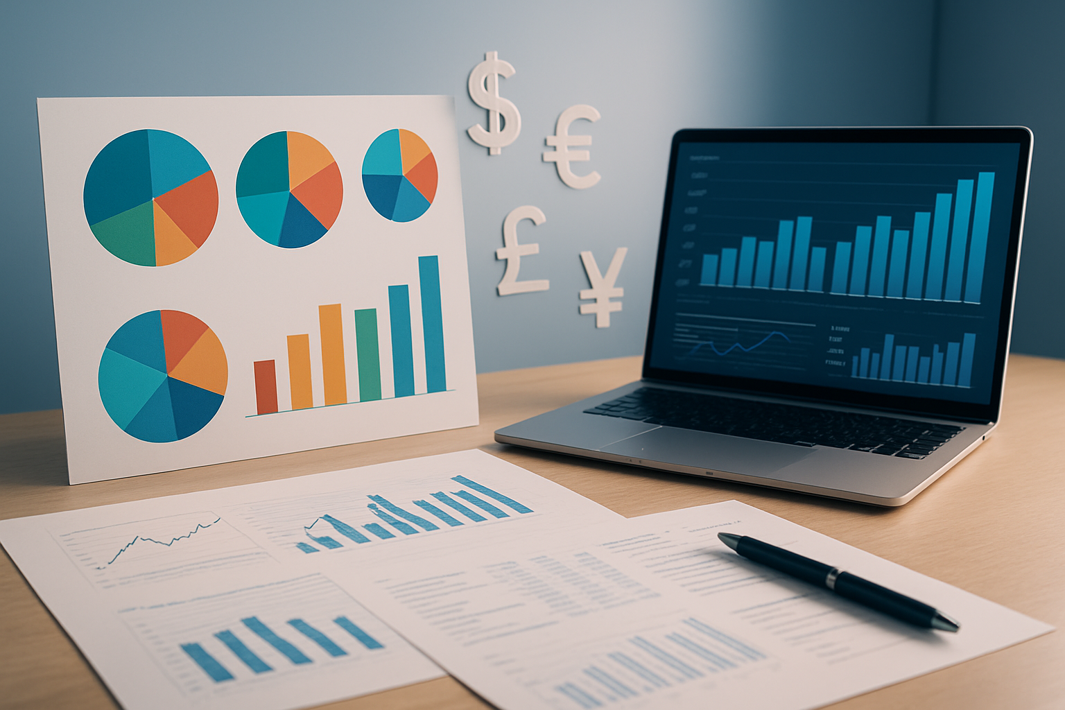 Create a realistic image of a diverse portfolio visualization showing multiple investment fund symbols, colorful pie charts and bar graphs representing different mutual fund categories, international currency symbols floating in the background, a modern office desk with financial documents and a laptop displaying fund performance data, warm professional lighting with a clean minimalist background in blue and white tones, absolutely NO text should be in the scene.