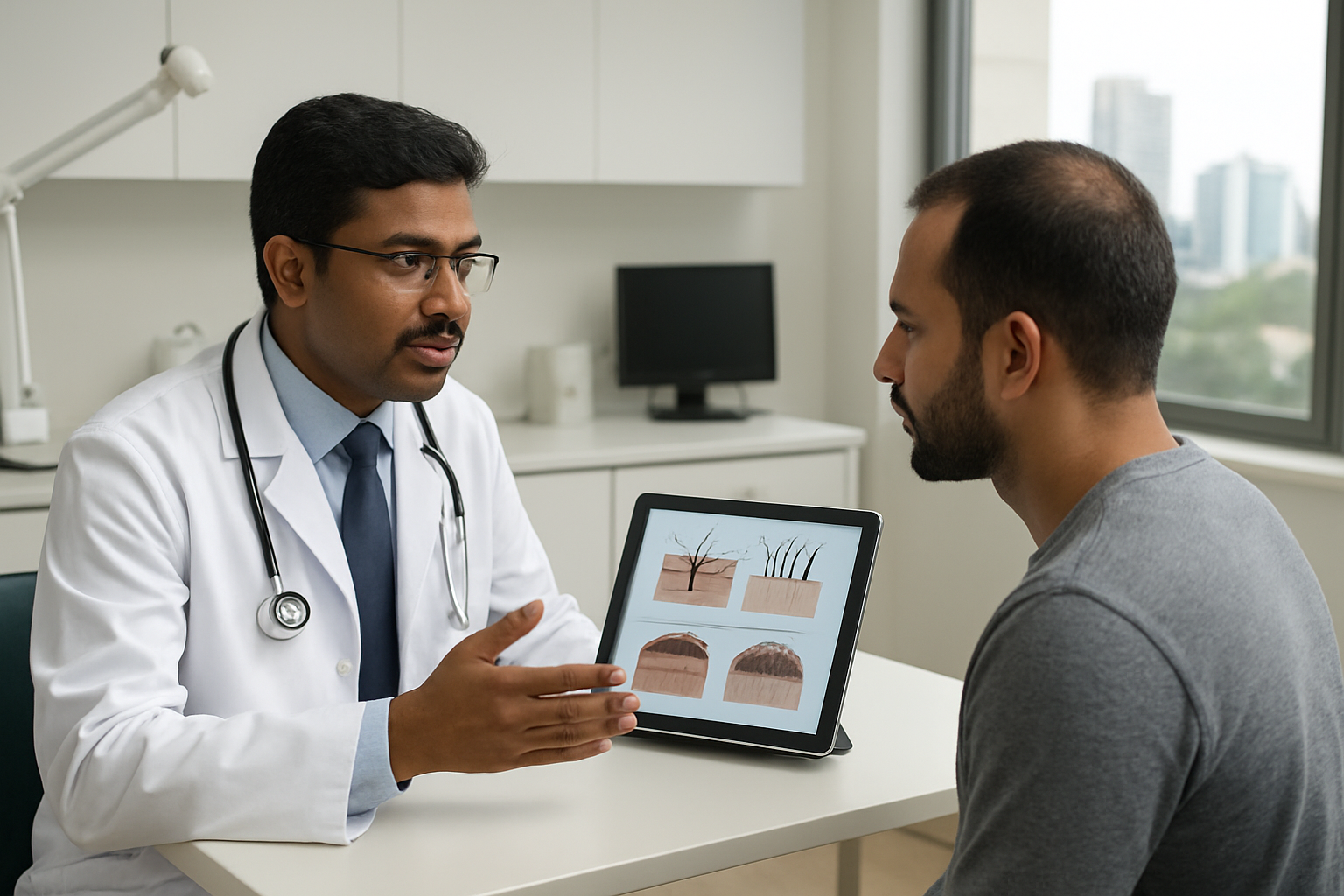 Create a realistic image of a modern medical consultation room in Bangalore showing a professional Indian male doctor in a white coat explaining hair transplant procedures to an Indian male patient, with medical diagrams of hair follicles and scalp anatomy displayed on a tablet or computer screen, featuring clean white walls, medical equipment, and professional lighting, with a subtle background showing the cityscape of Bangalore through a window, conveying a professional and informative atmosphere about hair restoration treatments, absolutely NO text should be in the scene.