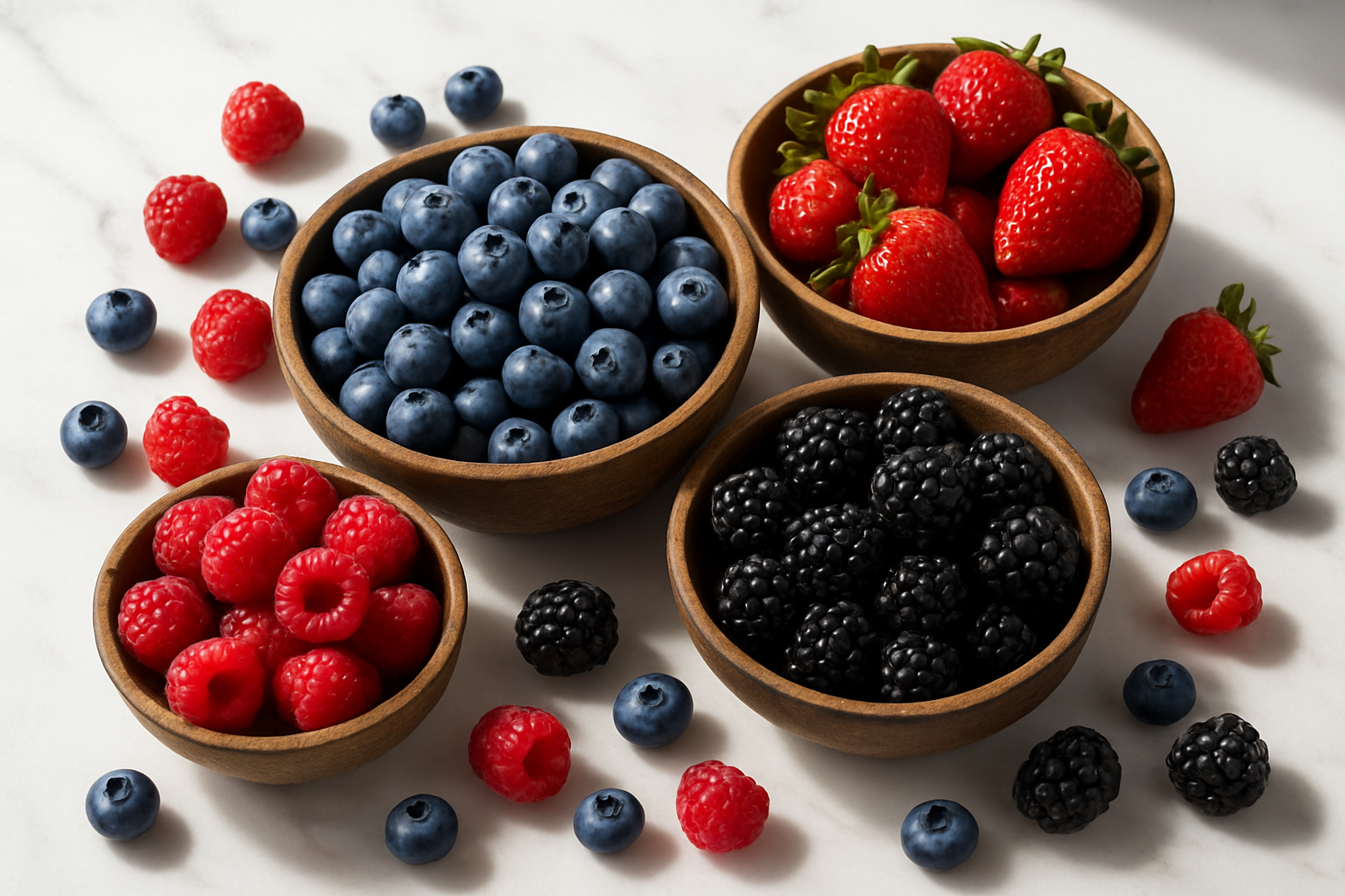 Create a realistic image of an assortment of fresh, vibrant berries including blueberries, strawberries, raspberries, and blackberries artfully arranged in rustic wooden bowls and scattered on a clean white marble countertop, with natural daylight streaming from a nearby window creating soft shadows, some berries spilling naturally around the bowls to show their plump, juicy texture and rich colors, shot from a slightly overhead angle to showcase the variety and abundance of the power-packed berries, absolutely NO text should be in the scene.