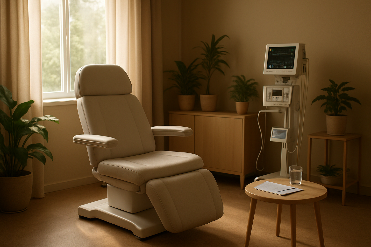 Create a realistic image of a serene medical consultation room with soft natural lighting streaming through a window, featuring a comfortable treatment chair and medical monitoring equipment in the background, with botanical plants and calming earth-tone colors throughout the space, a small table with medical documents and a water glass, creating a peaceful and professional healthcare environment that conveys safety, healing, and hope for recovery, with warm ambient lighting and a sense of tranquility and medical professionalism, absolutely NO text should be in the scene.