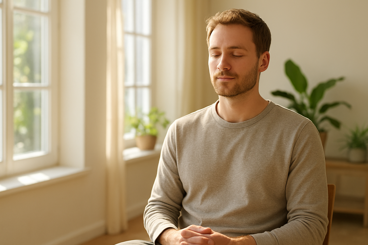 Create a realistic image of a peaceful white male in his 30s sitting calmly in a bright, airy room with natural sunlight streaming through large windows, showing a serene facial expression with relaxed shoulders and hands resting peacefully in his lap, surrounded by soft natural lighting that creates a hopeful atmosphere, with green plants visible in the background suggesting growth and healing, the overall scene conveying relief and mental clarity through warm lighting and tranquil composition, absolutely NO text should be in the scene.