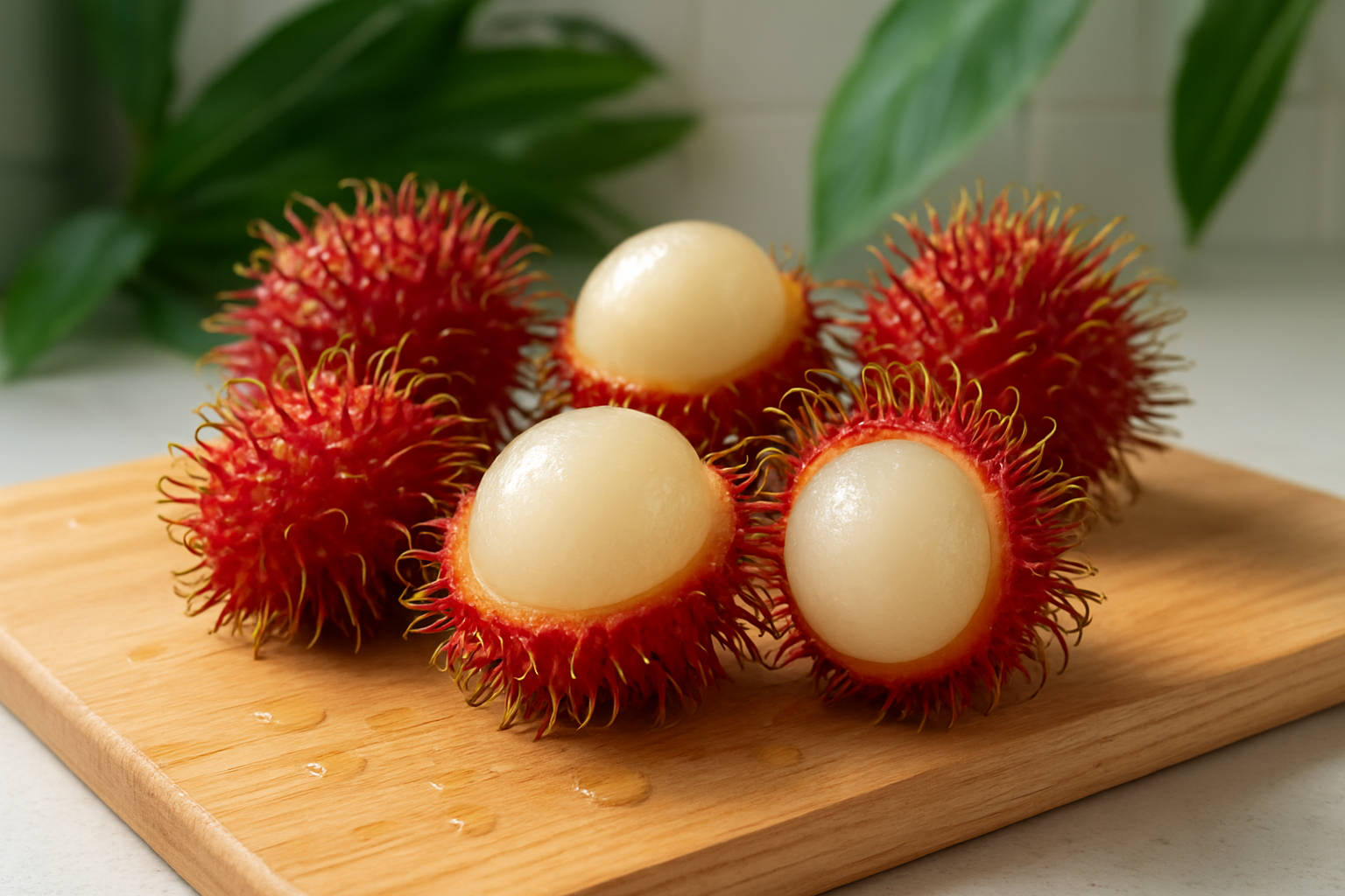 Create a realistic image of fresh rambutan fruits cut open to reveal their translucent white flesh, with some whole rambutans showing their distinctive red spiky exterior, arranged on a wooden cutting board with droplets of fresh juice visible, natural daylight illuminating the scene from above creating soft shadows, the background featuring a clean kitchen counter with subtle tropical elements like green leaves, emphasizing the sweet and refreshing nature of the exotic fruit through vibrant colors and fresh appearance, absolutely NO text should be in the scene.