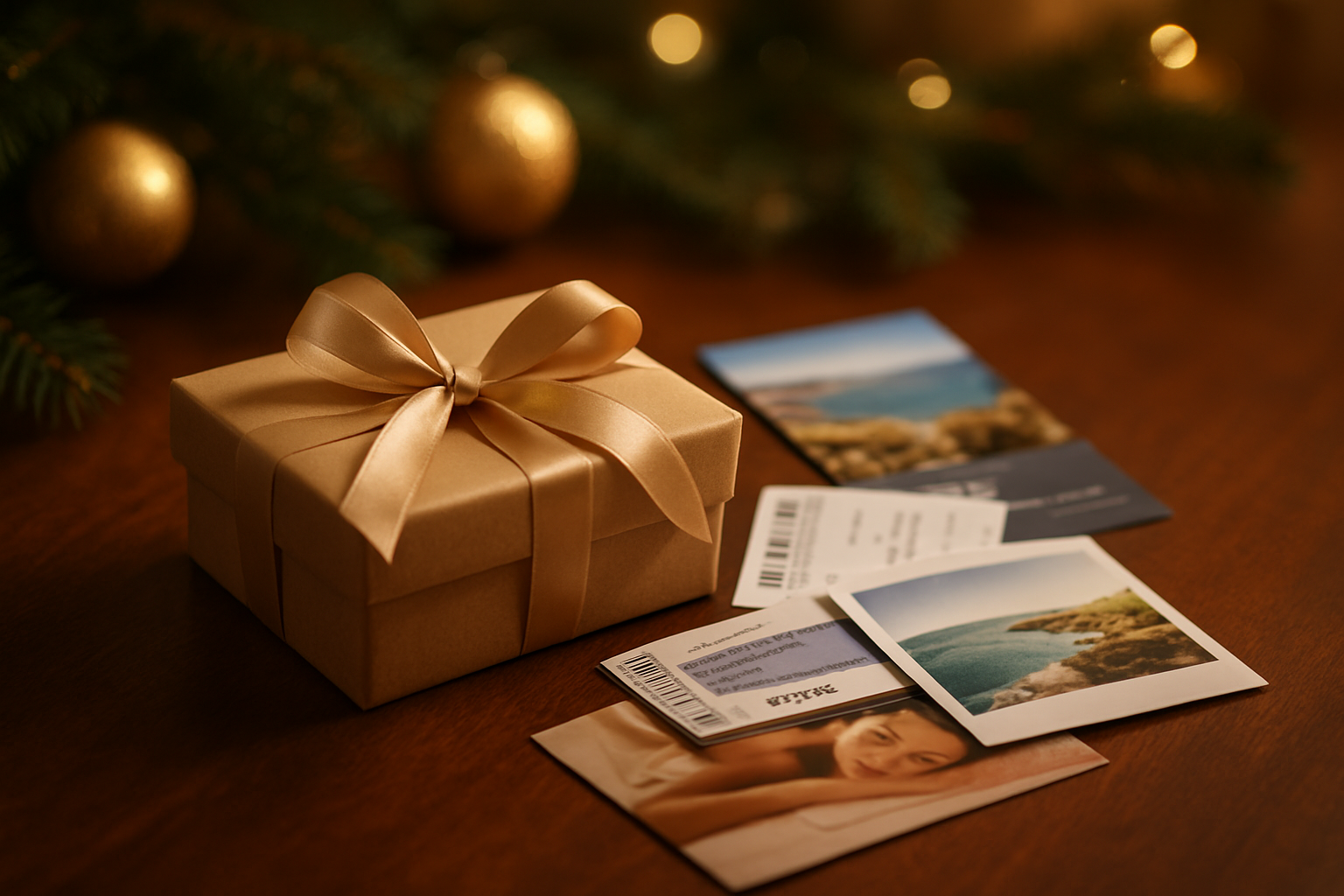 Create a realistic image of a beautifully wrapped gift box with an elegant ribbon sitting next to scattered travel brochures, concert tickets, and spa vouchers on a polished wooden table, with soft warm lighting creating a cozy holiday atmosphere, surrounded by subtle Christmas decorations like pine branches and gold ornaments in the background, conveying the concept of experiential gifts rather than material items, with a shallow depth of field focusing on the gift and experience materials. Absolutely NO text should be in the scene.